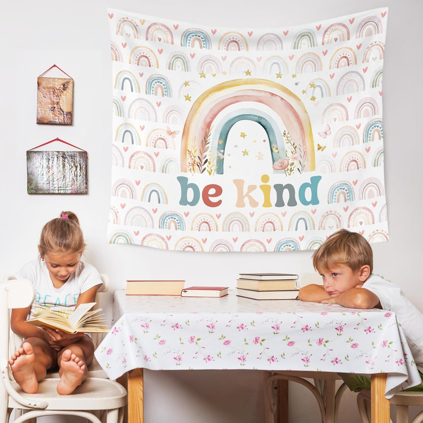 WARDOS Boho Rainbow Classroom Tapestry, Be Kind Motivational Tapestry Wall Hanging, Boho Pastel Rainbow Wall Blanket Decor for Classroom Kids Room Nursery Playroom, 50x60 Inch WN420