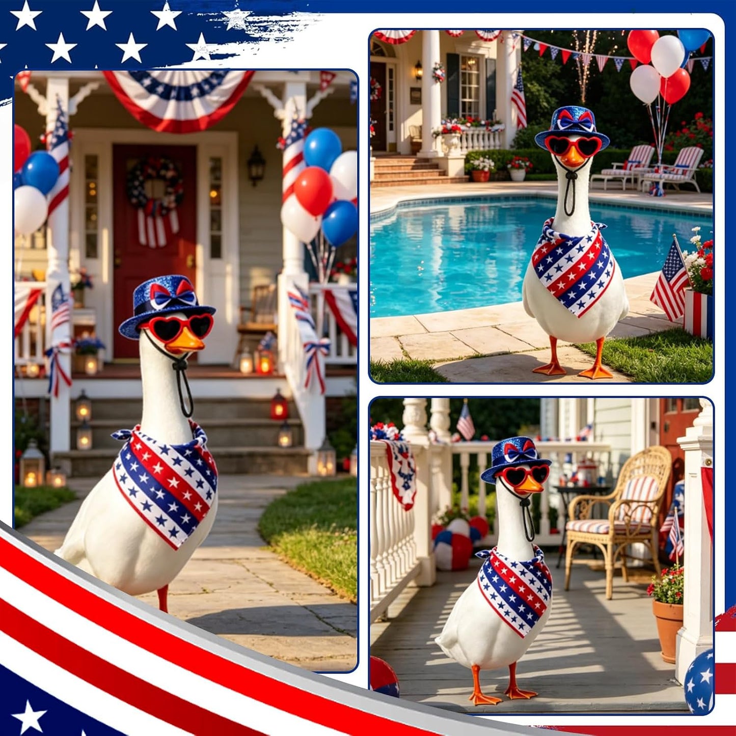 Chris.W 4th of July Porch Goose Outfit Patriotic Porch Goose Outfits with Hat Sunglasses & Star Bandana for 23" 19" 17" Garden Goose Statue, American Flag Independence Day Yard Decor BST326H