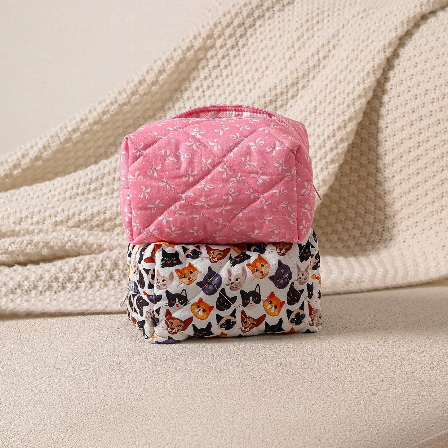 Cute Small Floral Cotton Makeup Bag, Quilted Zipper Pouch with Coquette Bear for Women and Girls, Kawaii Travel Cosmetic Bags for Purse(07Yellow and Pink Flower) BST220