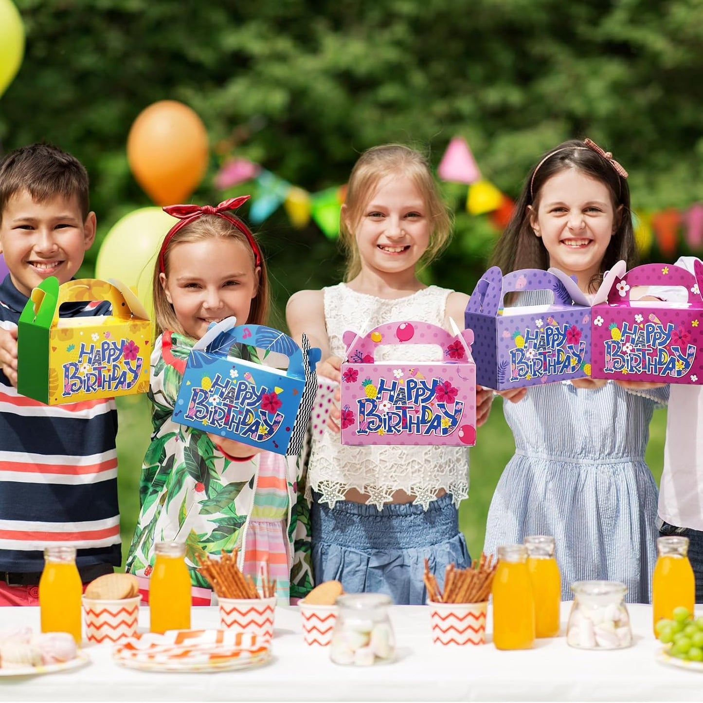 Wonderjune 24 Pack Hawaiian Tropical Treat Boxes 6 Cartoon Luau Styles Happy Birthday Party Favor Boxes with Handles Summer Birthday Beach Hawaii Themed Candy Gift Wrapping Giveaways Supplies BST202