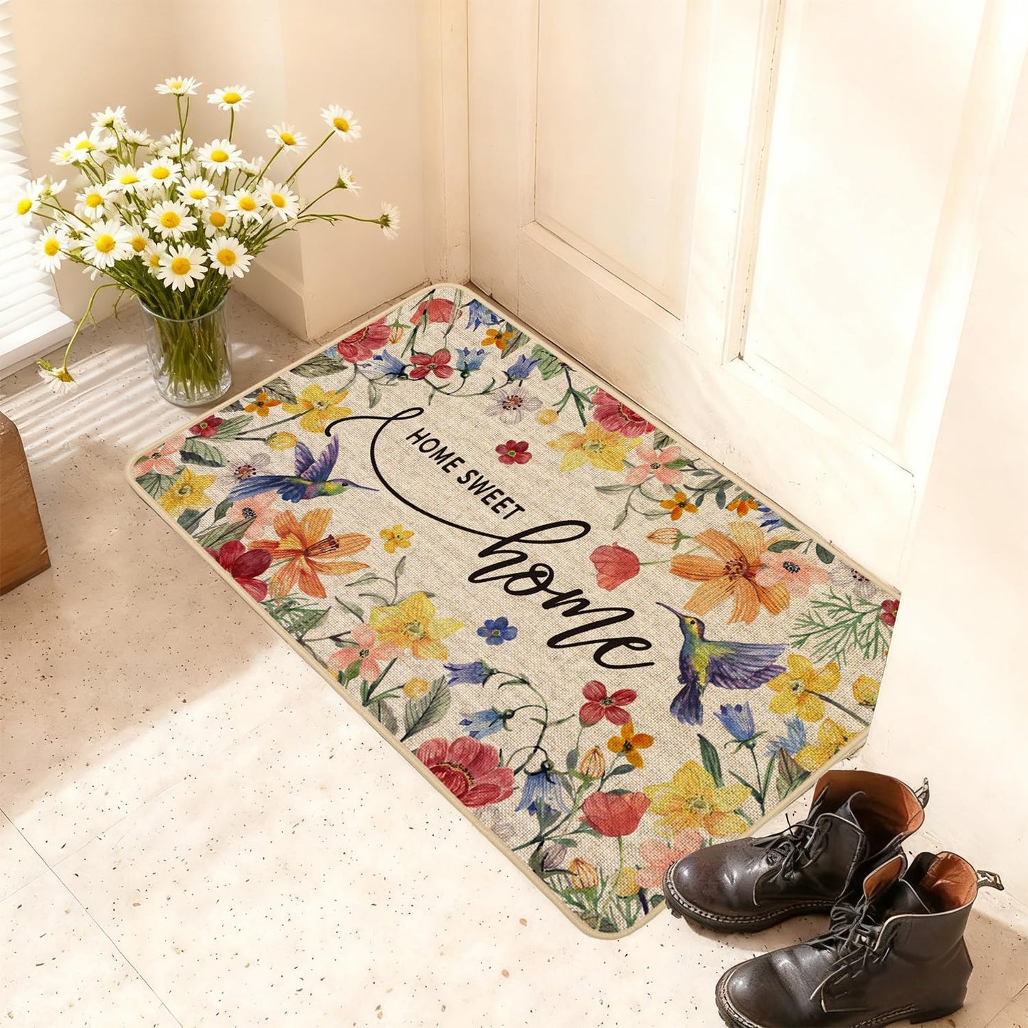 Baccessor Home Sweet Home Floral Kitchen Mats Set of 2,Spring Summer Hummingbird Flowers Kitchen Rugs Absorbent Non Slip Low-Profile Washable for Floor Home Decor 17x29 and 17x47 Inch BST202
