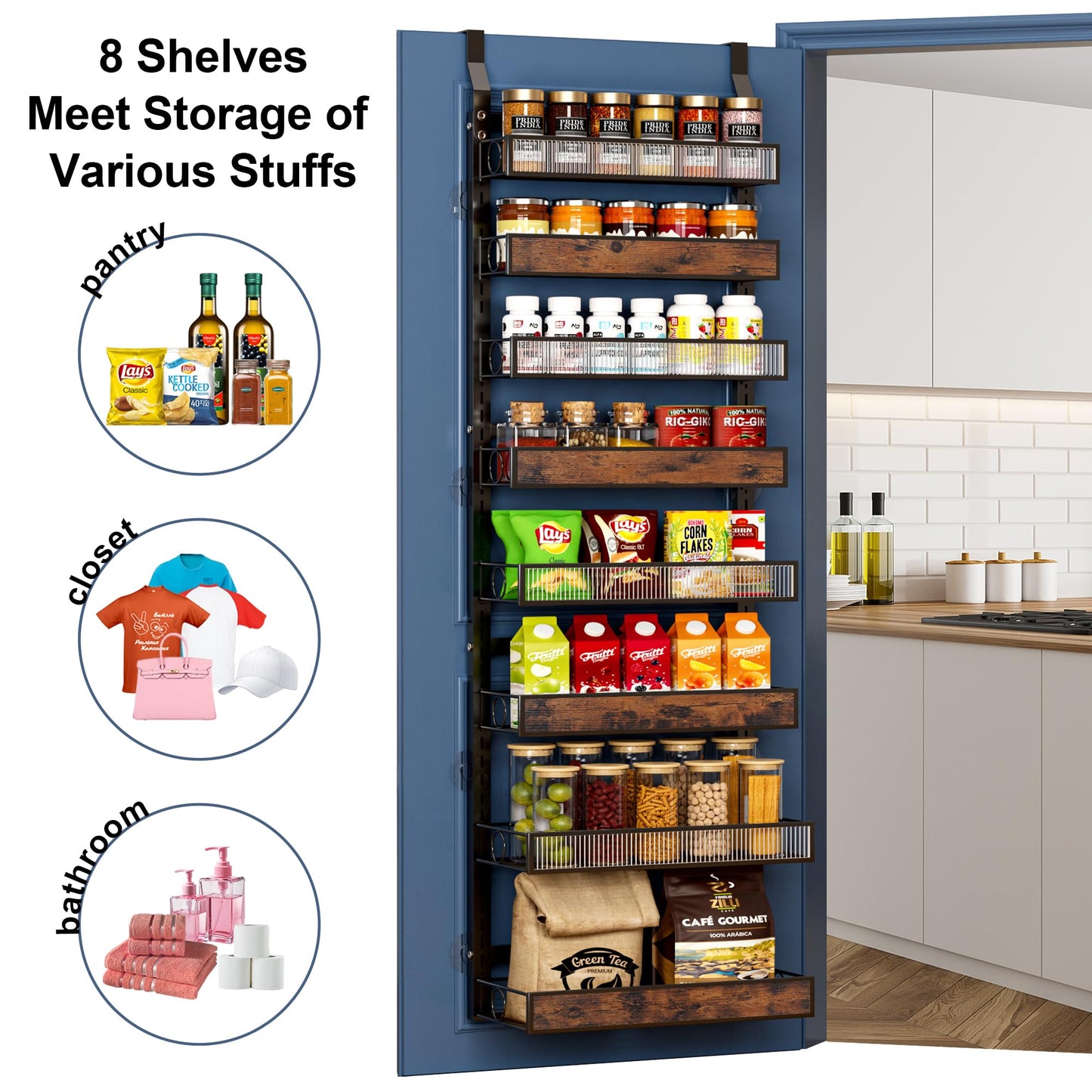 6 Tier Pantry Door Organizer Spice Rack, 2-IN-1 Wall Mount or Hanging Over Door Seasoning Organizer with Adjustable Baskets, Heavy Duty Behind Door Storage Shelves for Pantry, Cabinet and Kitchen BST220