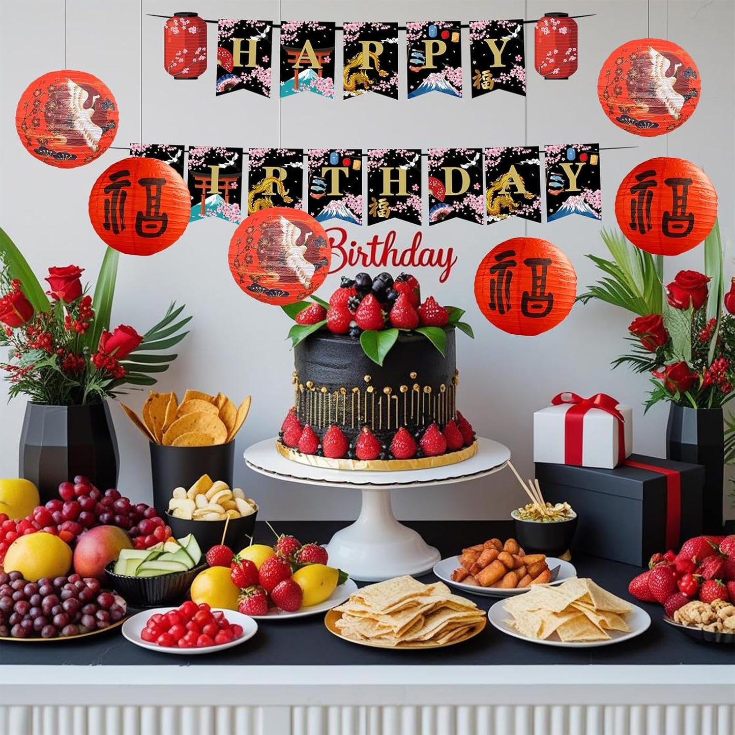 21Pcs Japanese Birthday Party Decorations Set, Happy Birthday Banner with Chinese Paper Lanterns, Black Gold Red Oriental Theme, Hibachi Party Decorations BST326H