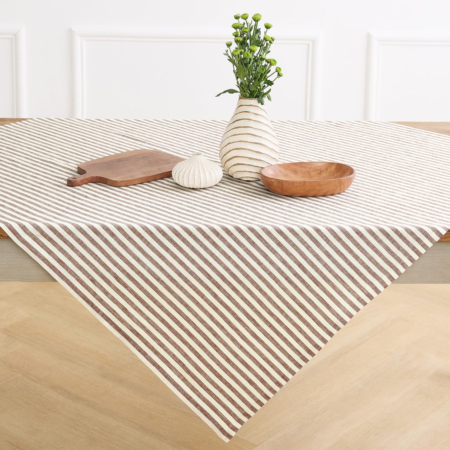 Solino Home 100% Linen Table Cloth, Throw, 52 x 52 in, Coral, Amalfi Stripe | Striped Linen Tablecloth a neat topper for bistro, card and side tables | Coral and White | Pure Linen | OEKO-TEX Certified BST326SOLH