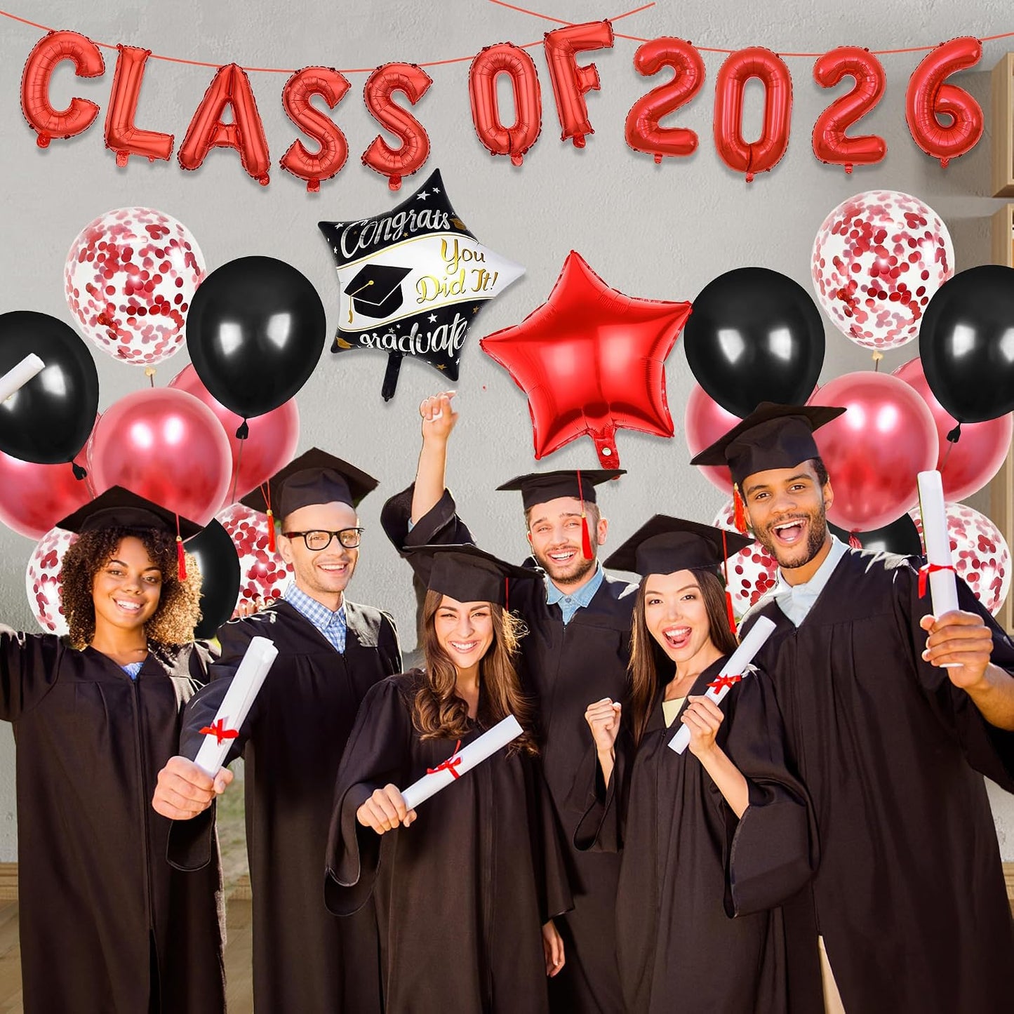 Graduation Party Decorations 2026 Balloons - 27 Pcs Red Black Class Of 2026 Banners Foil Graduation Cap Star Balloons Latex Balloon Set For High School College Graduation Party Decor Supplies BST326L