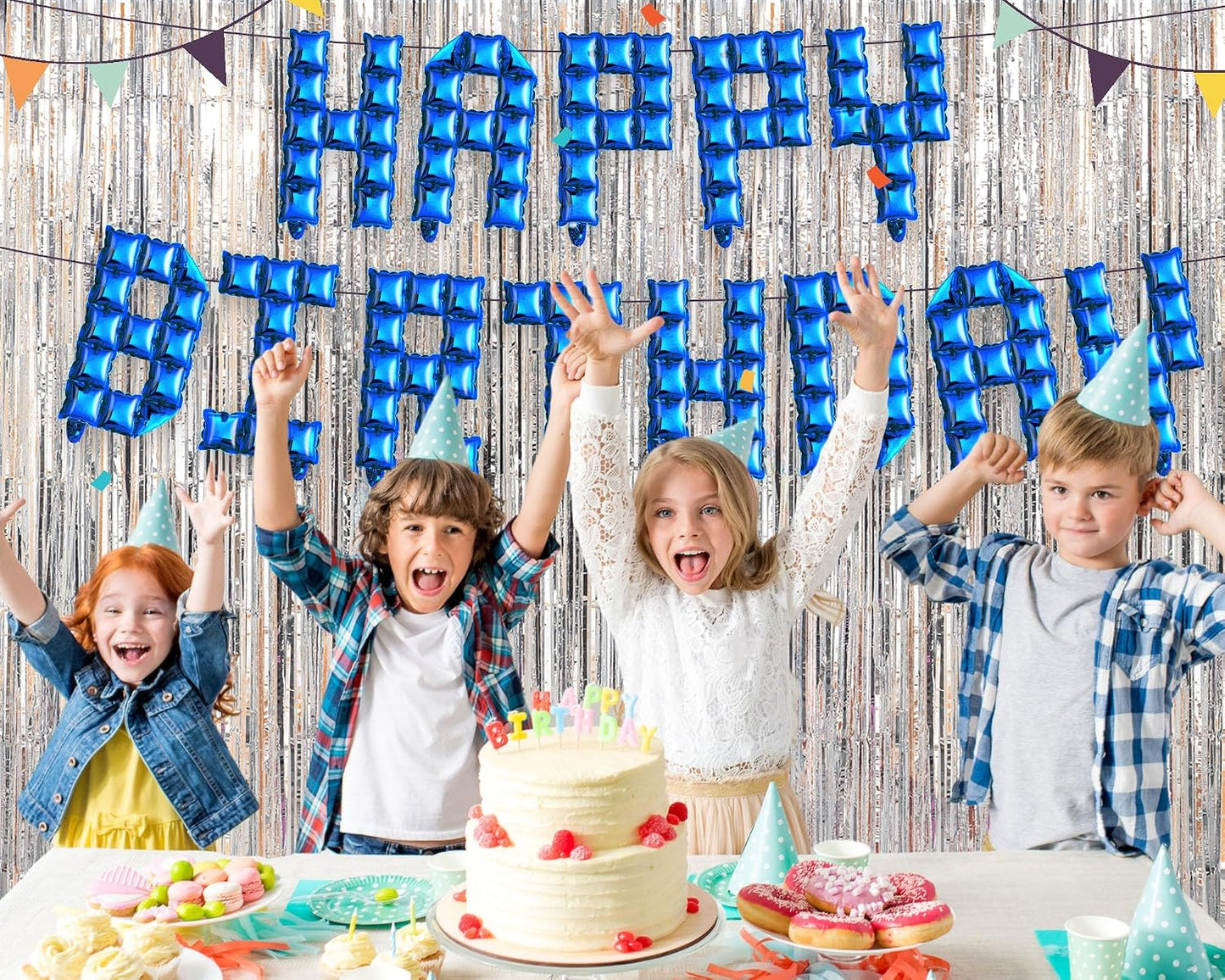 Seenelling Happy Birthday Balloons Banner with 3 Pack Silver Foil Fringe Backdrop 16 Inch Foil Letters Metallic Tinsel Fringe Curtains Reusable Inflatable Birthday Party Decorations(Blue) BST326L