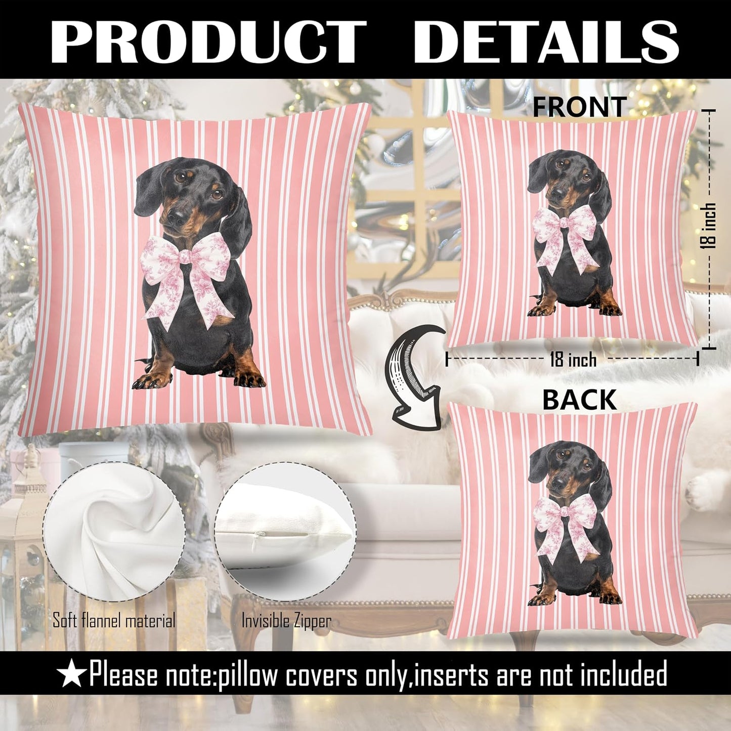 Coquette Pink Chinoiserie Bow Dachshund Pillow Covers 18x18, Dachshund Gifts for Women, Preppy Pink Striped Cute Weiner Dog Decorative Pillow Covers for Girls Bedroom Living Room Home BST202