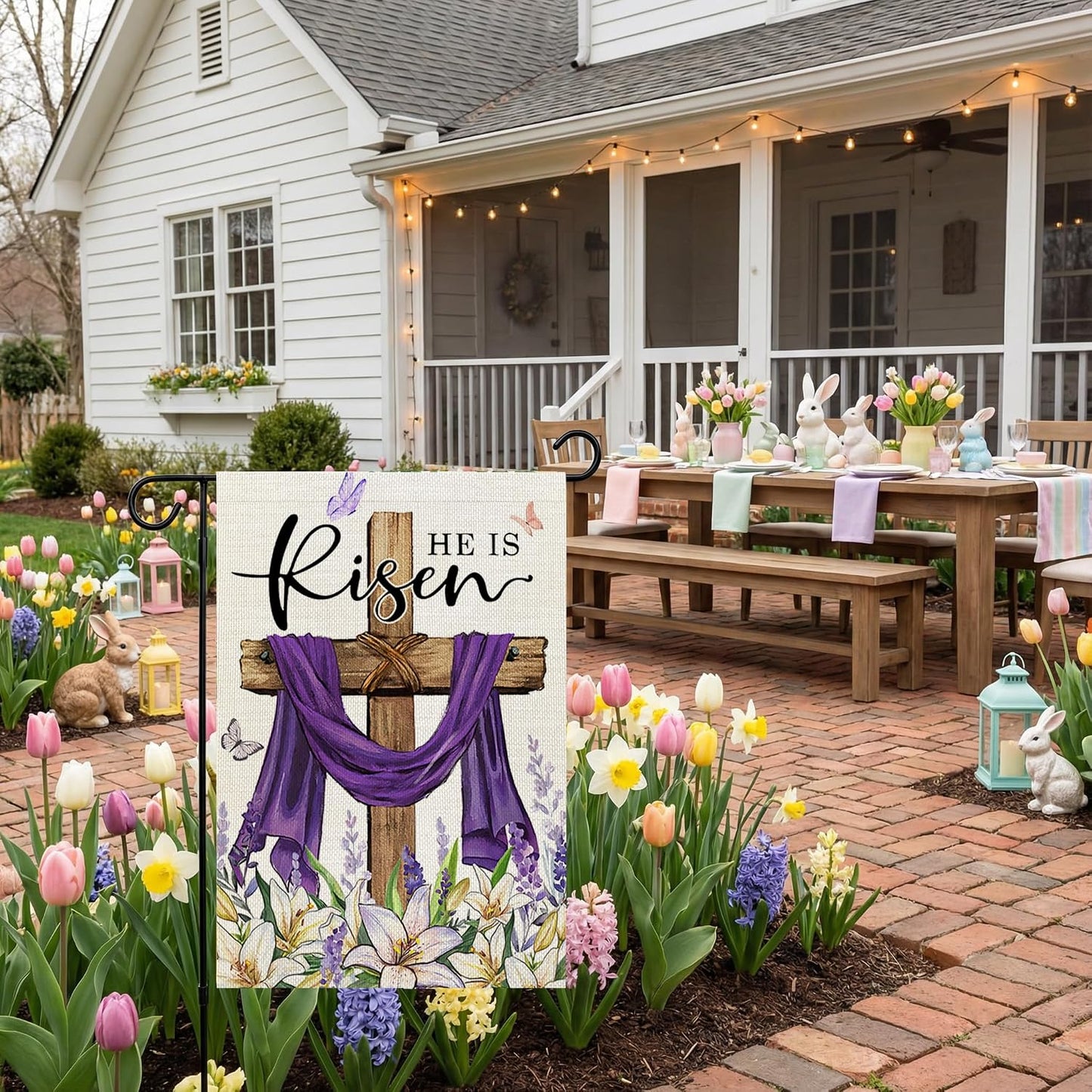 CROWNED BEAUTY Easter Garden Flag He is Risen 12x18 Inch Double Sided Holiday Decoration for Outdoor Lawn Yard WN420