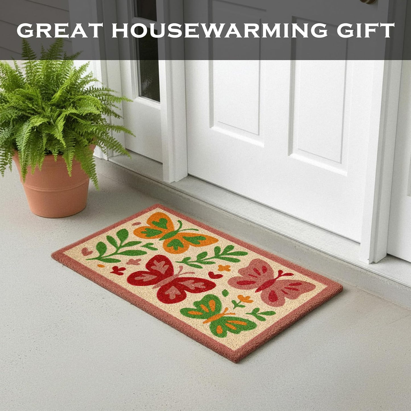 MAINEVENT Butterfly Welcome Mat 30x17 Inch, Spring Outdoor Doormat Coir | Natural Coco Fiber Spring Decor, Pvc Backing, Dirt Scraper, Nature-Inspired Farmhouse Decor, Housewarming Gift, Covered Porch BST202