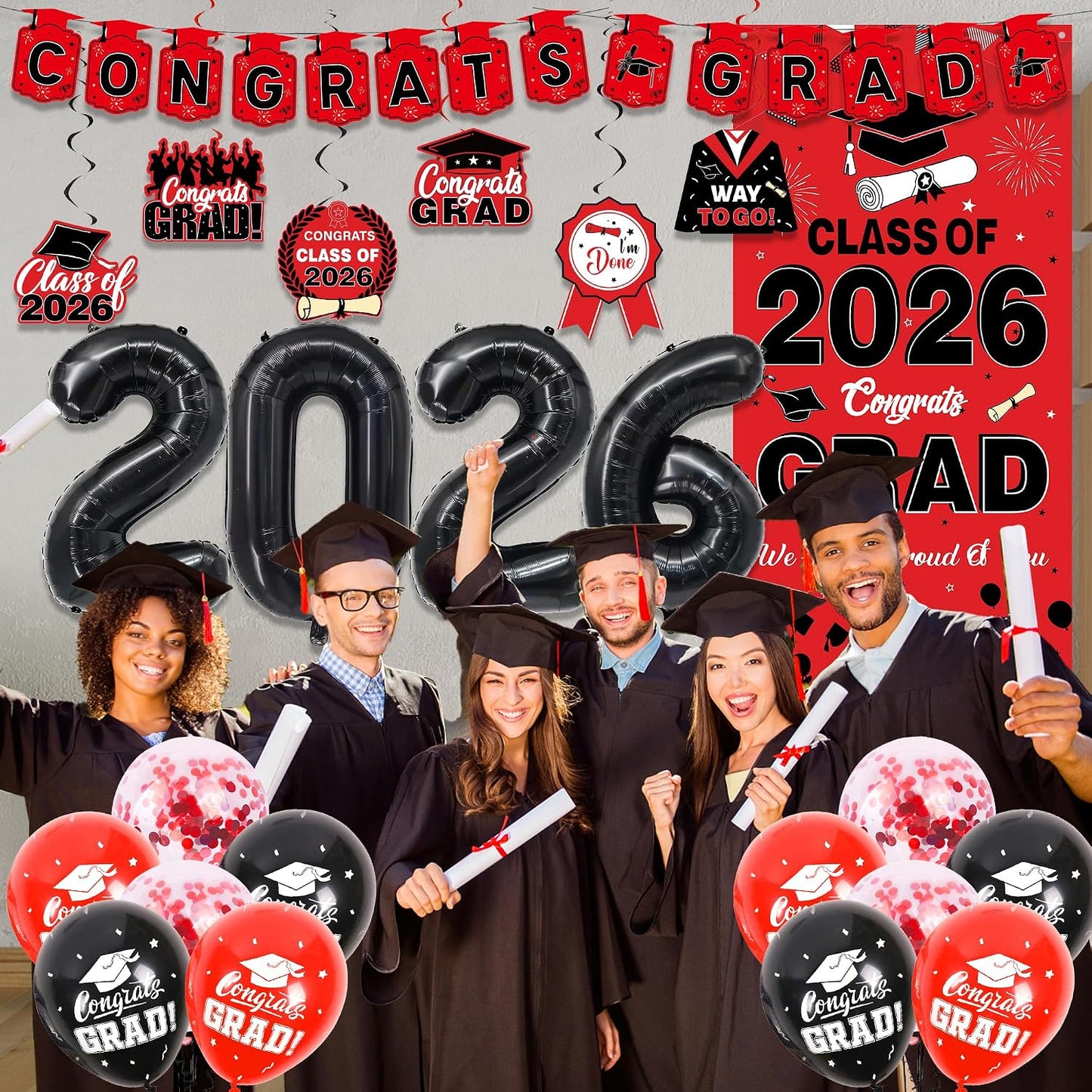 Class Of 2026 Graduation Decorations - 26 Pcs Red Black Congrats Grad Banners Vertical Backdrop Hanging Swirls Number Foil Balloons for Boys Girls High School College Grad Party Decoration Supplies BST220