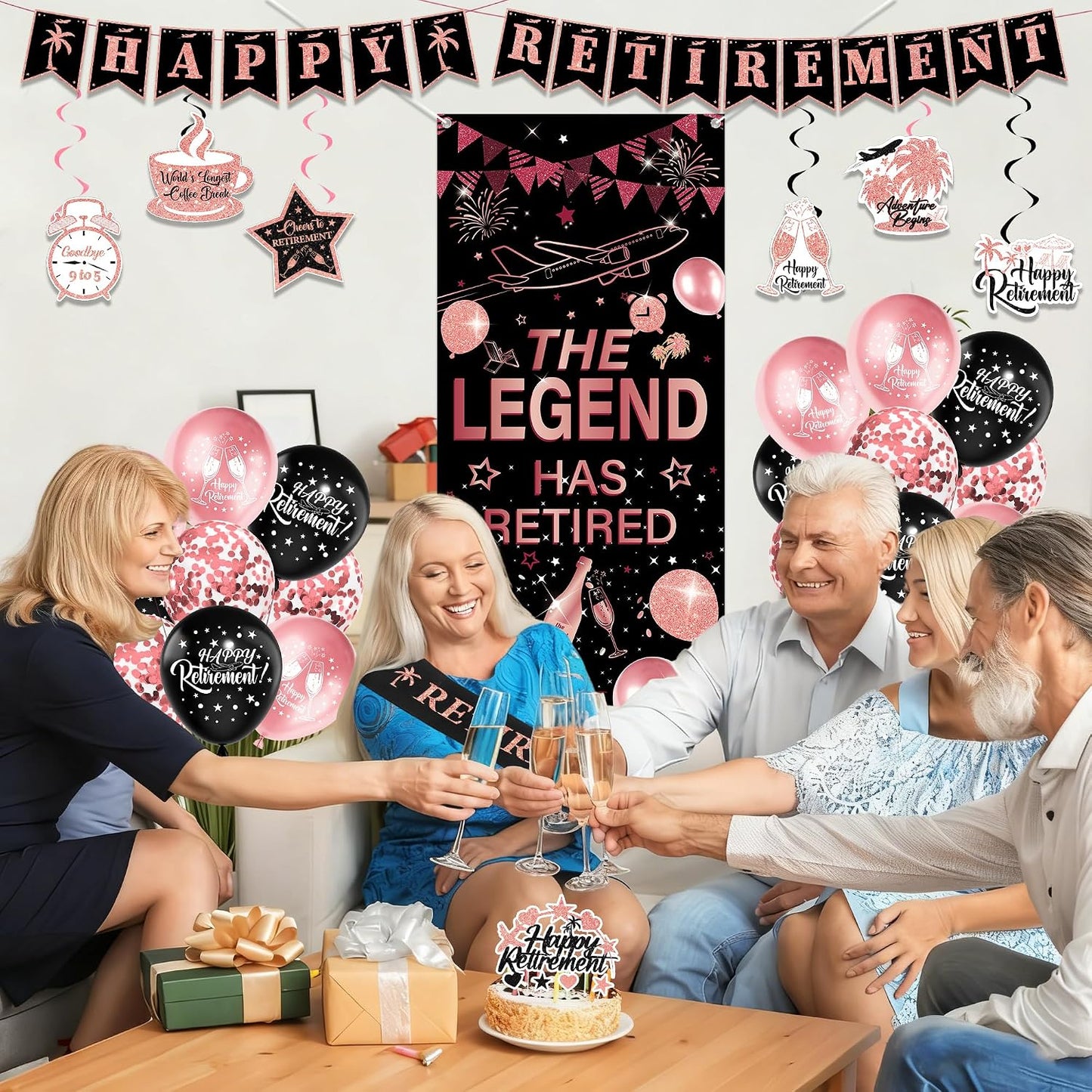 Happy Retirement Party Decorations Women - 33 Pcs Black Rose Gold Banners Hanging Swirls Glitter Cupcake Cake Toppers Backdrop Sparkling Sash Confetti Balloons for Retire Decoration Party Supplies BST326L