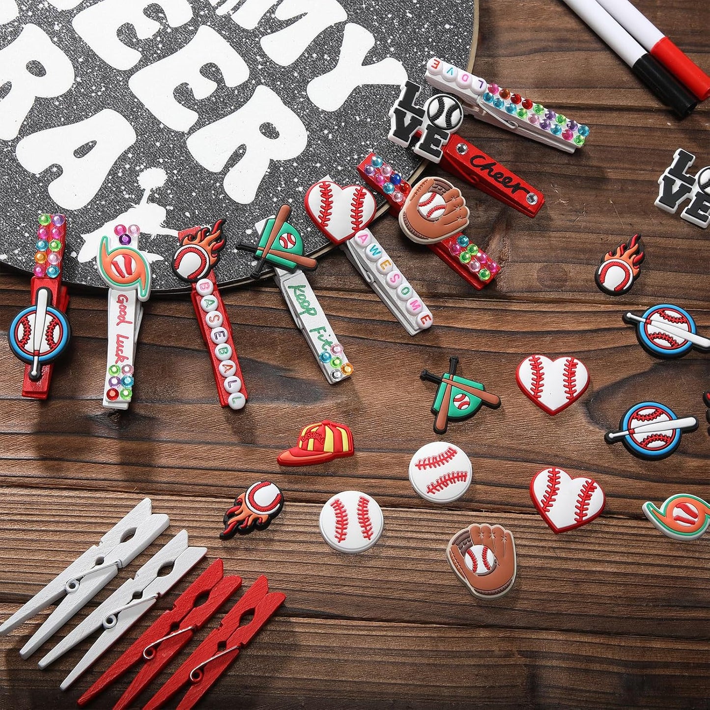 Amyhill 60 Sets Baseball Cheer Pins Wooden DIY Spirit Clips Clothes Pins with 260 Alphabet Beads 4 Rhinestone Stickers 4 Markers 9 ml Glue 60 Baseball Stickers for Cheerleaders Gifts Backpacks Decor BST326H