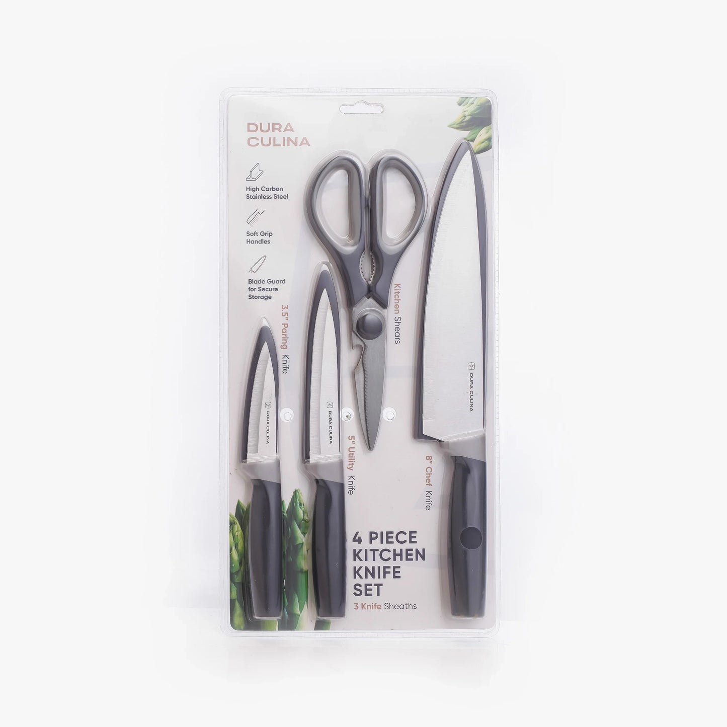 4 Piece Kitchen Knife Set- Chef, Utility, Paring, Multi Purpose Shears, and Matching Blade Guards-0