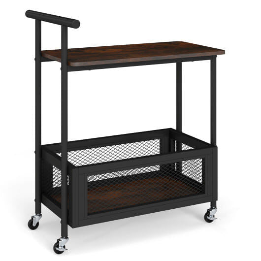2-Tier Rolling End Table with Handle and Mesh Basket-Rustic Brown