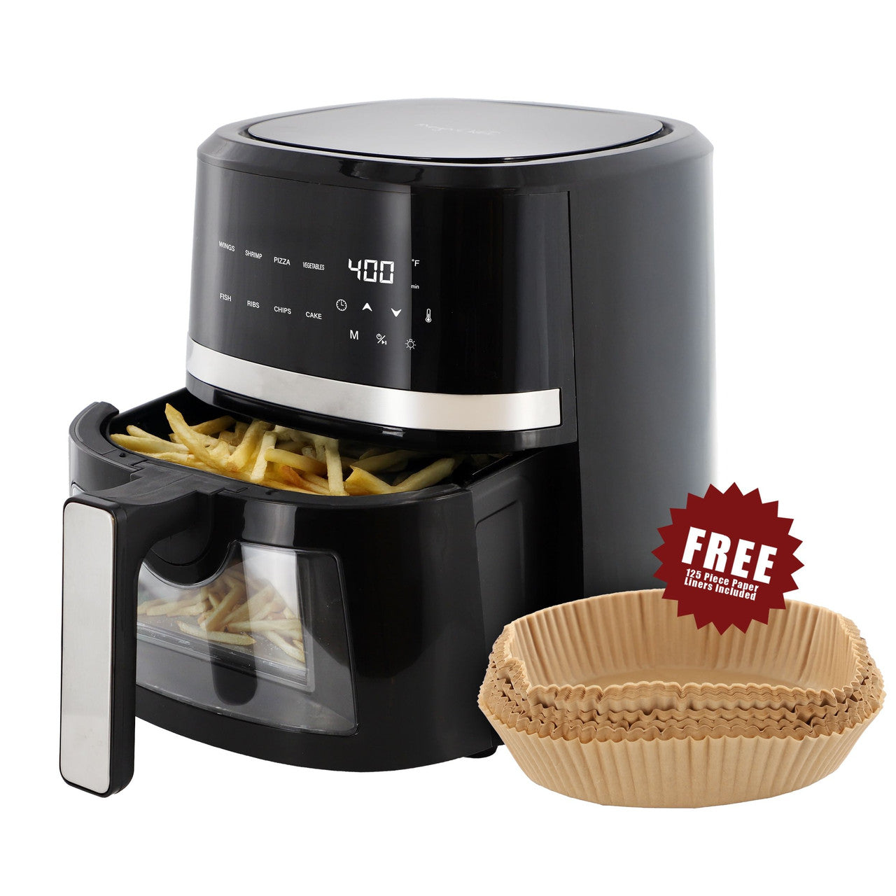 MegaChef 4 Quart Digital LED Display Electric Air Fryer with Transparent Window in Black with 125 P