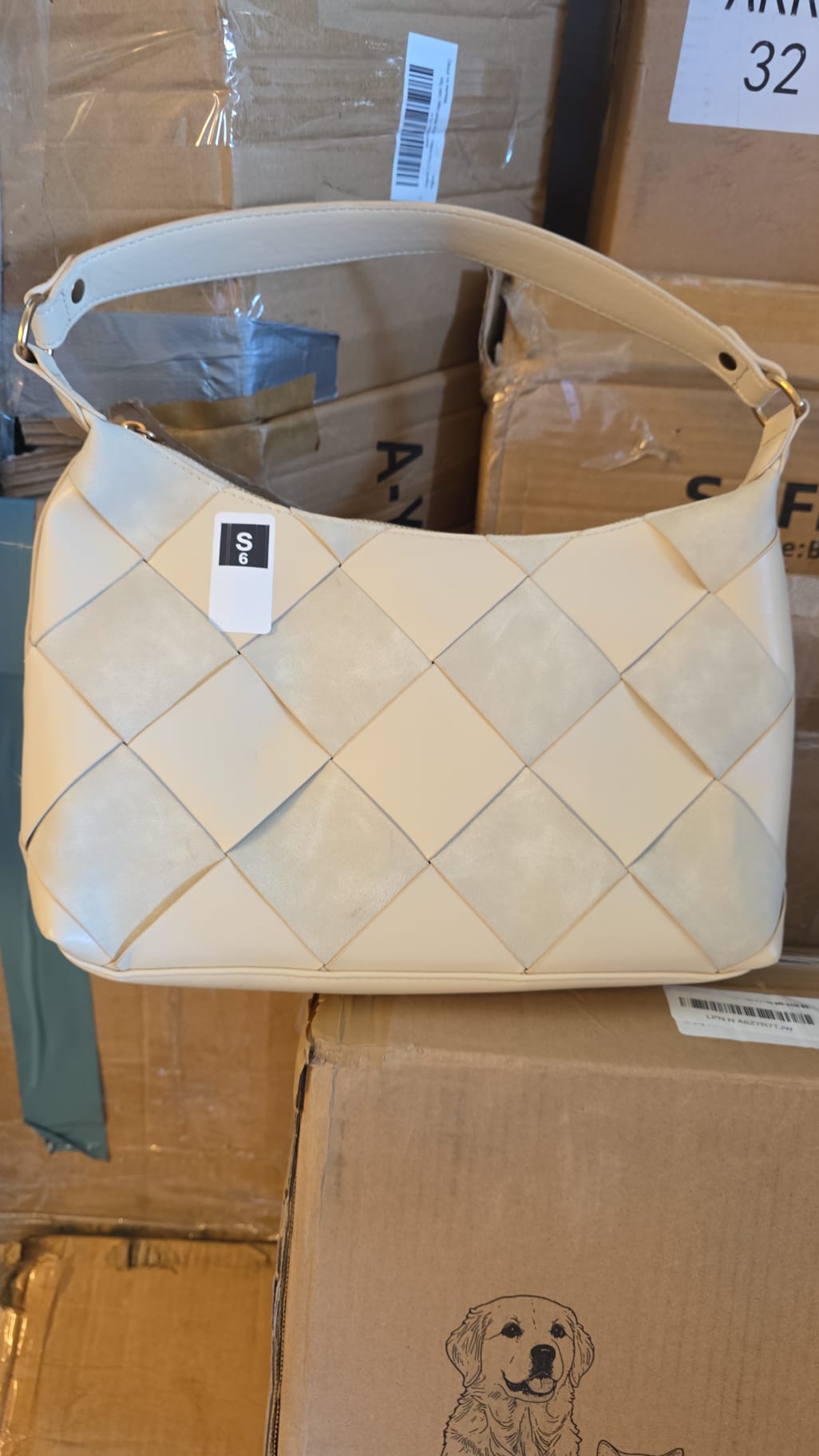 WOVEN FAUX LEATHER AND FAUX SUEDE BEIGE SHOULDER BAG 34