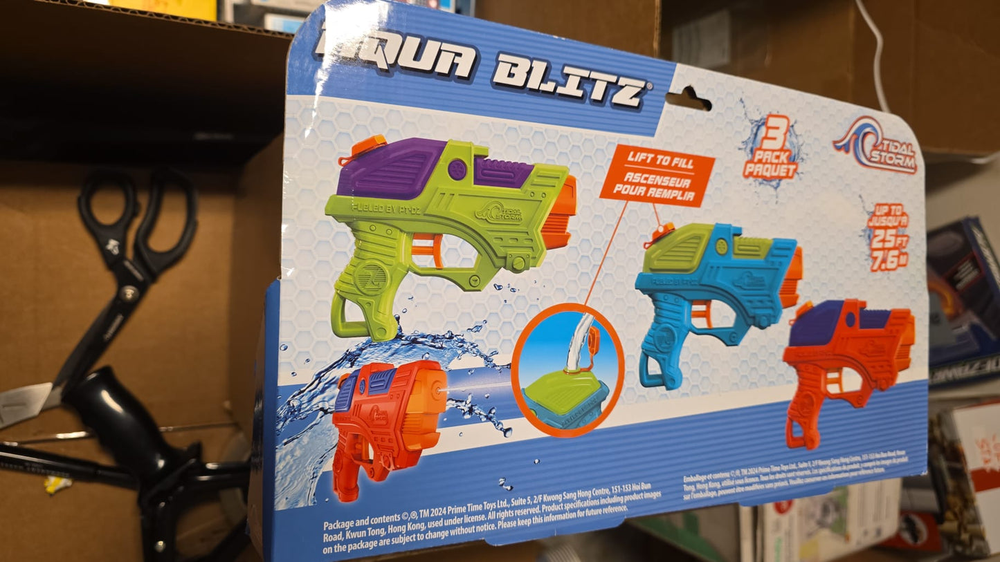 Prime Time Aqua Blitz Water Blasters, 3pk, Red/Blue/Green 102a