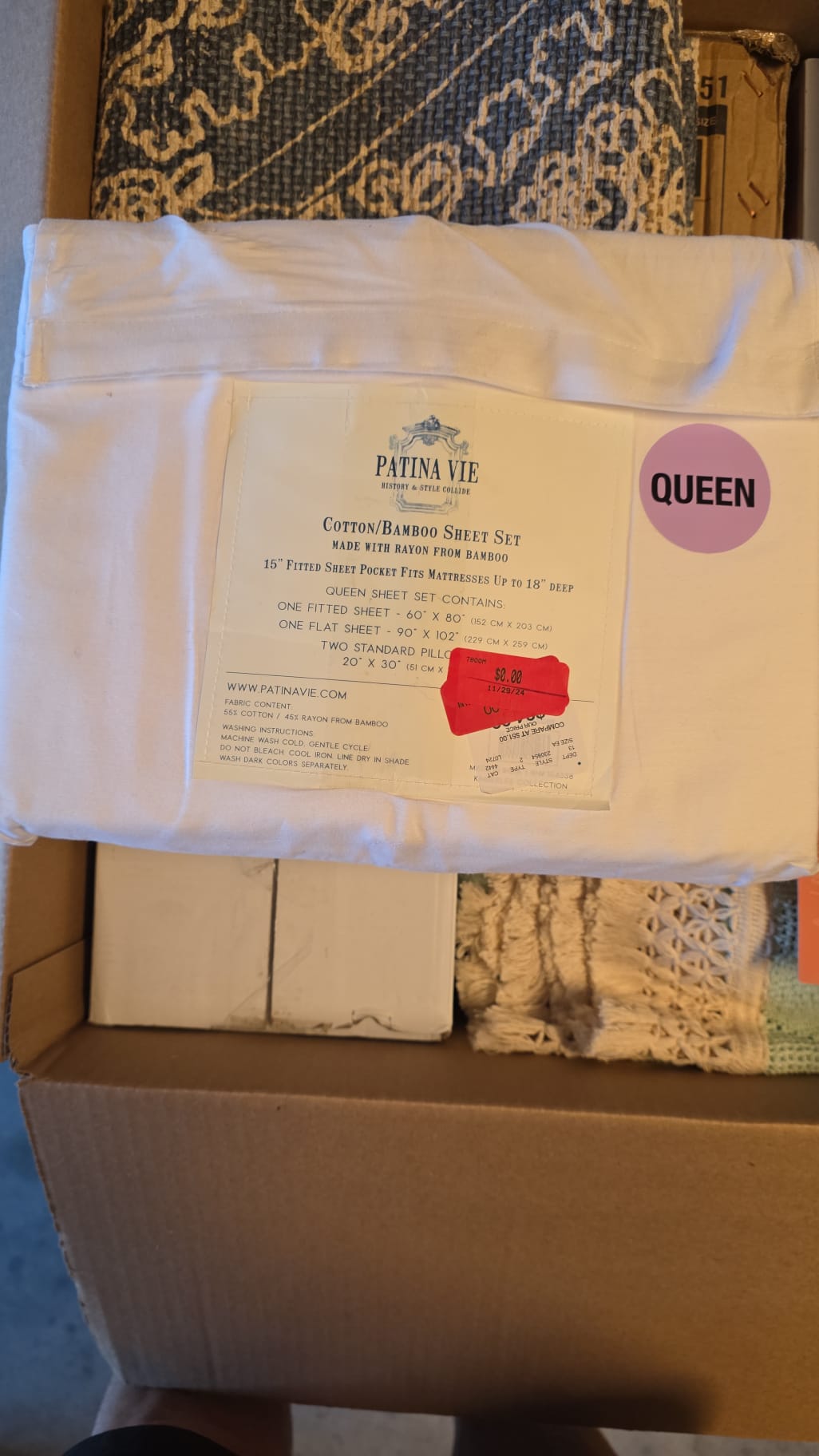 Patina Vie Queen Bamboo Sheet Set Cotton Fits 18" Deep 42