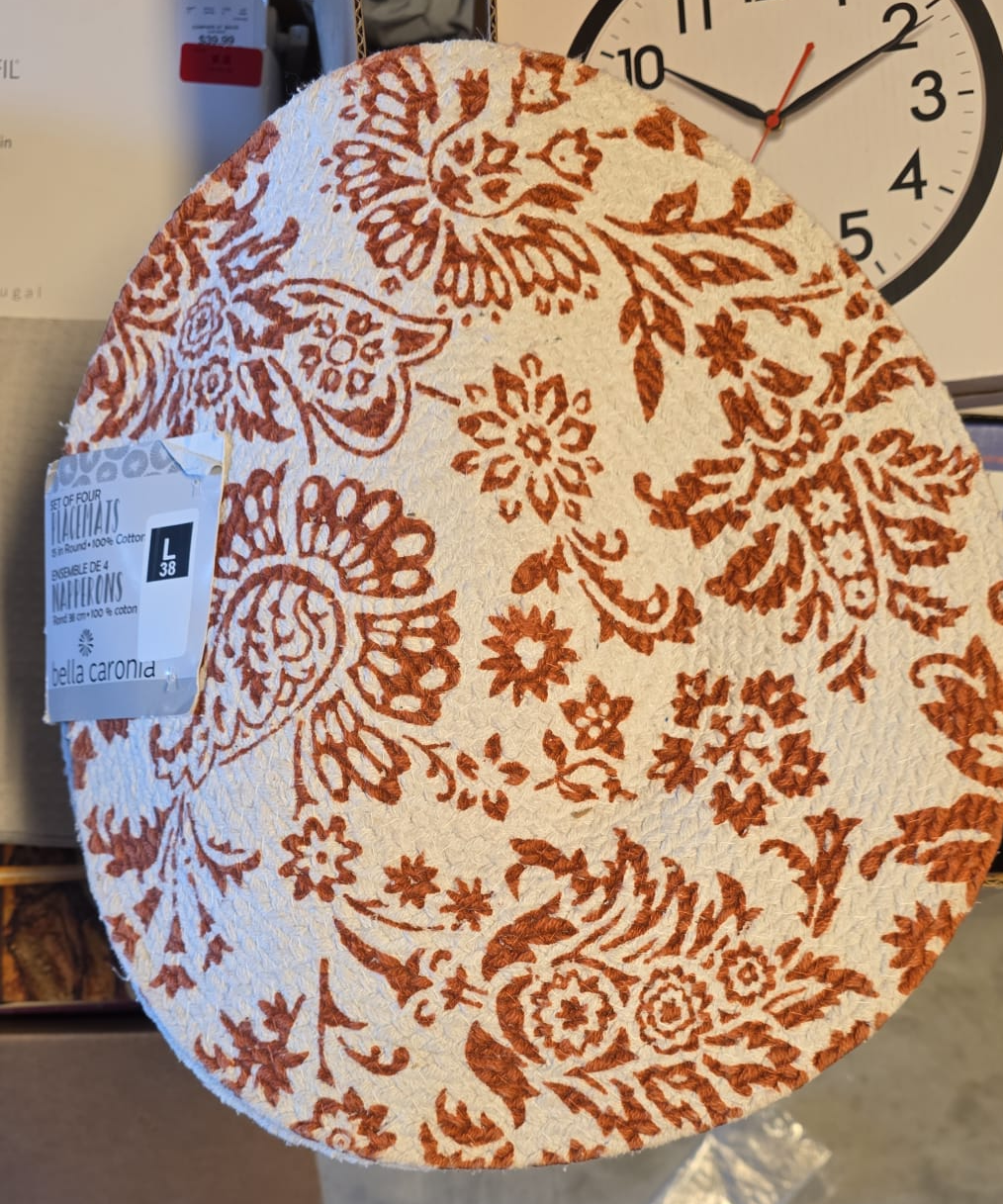Bella Caronia Placemats Set Of 4 Woven Round White With Brown Paisley Print 15" 43