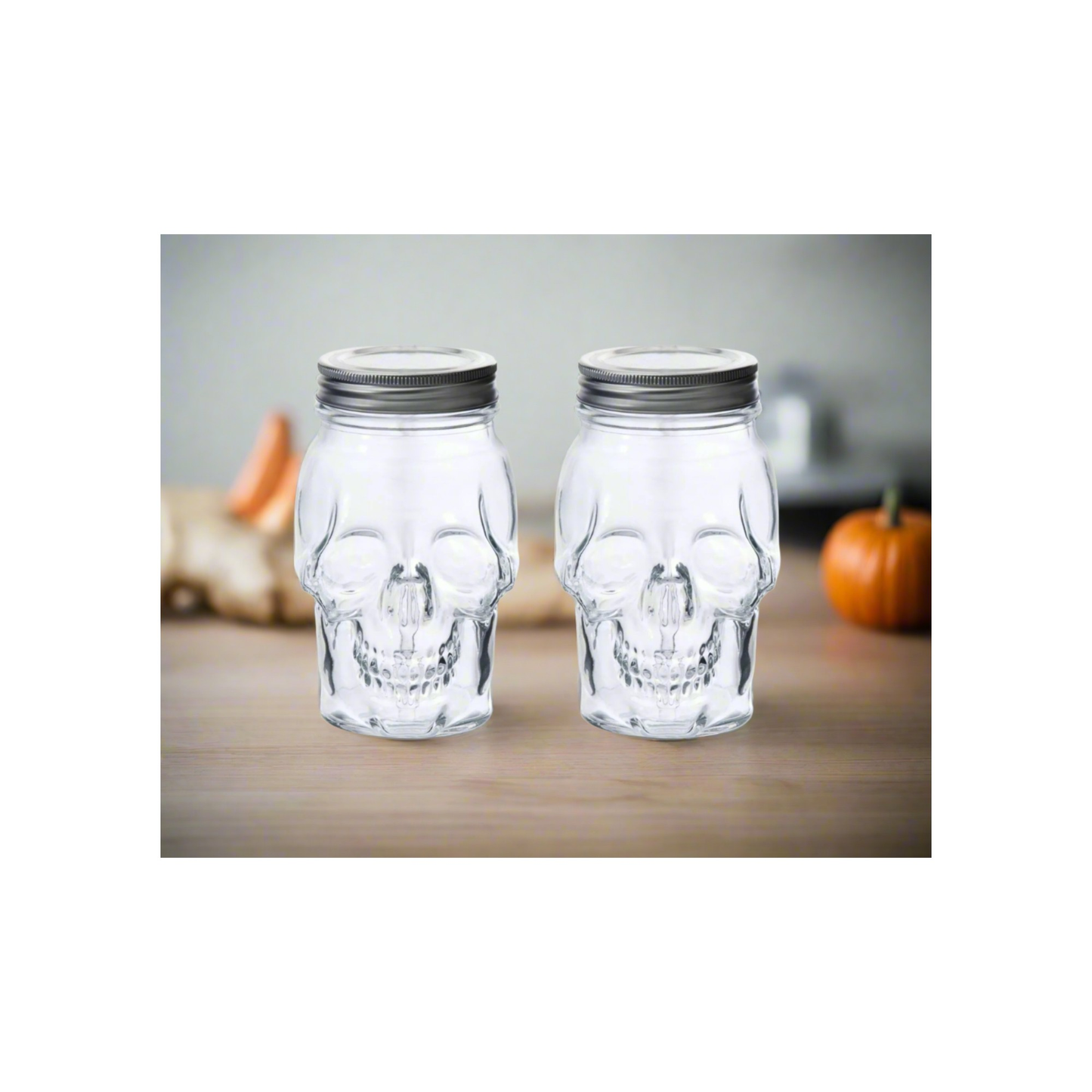 Skull Mason Jar with Lid, 4-Piece Set (2 skull Mason Jars & 2 Lids) 16oz, Clear-4