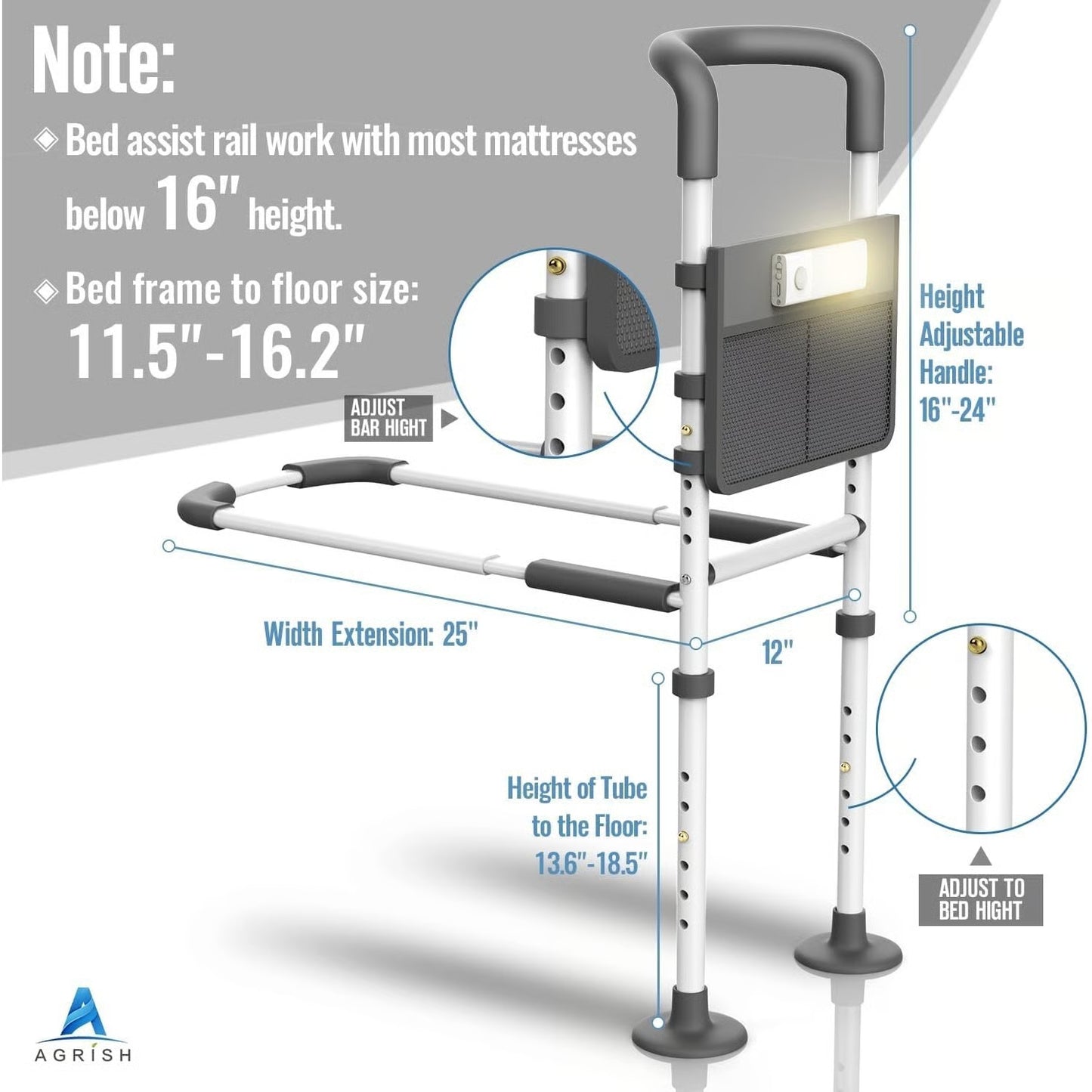 Agrish Bed Assist Rail with Motion Light & Storage– Senior Safety Bedside Handle N26