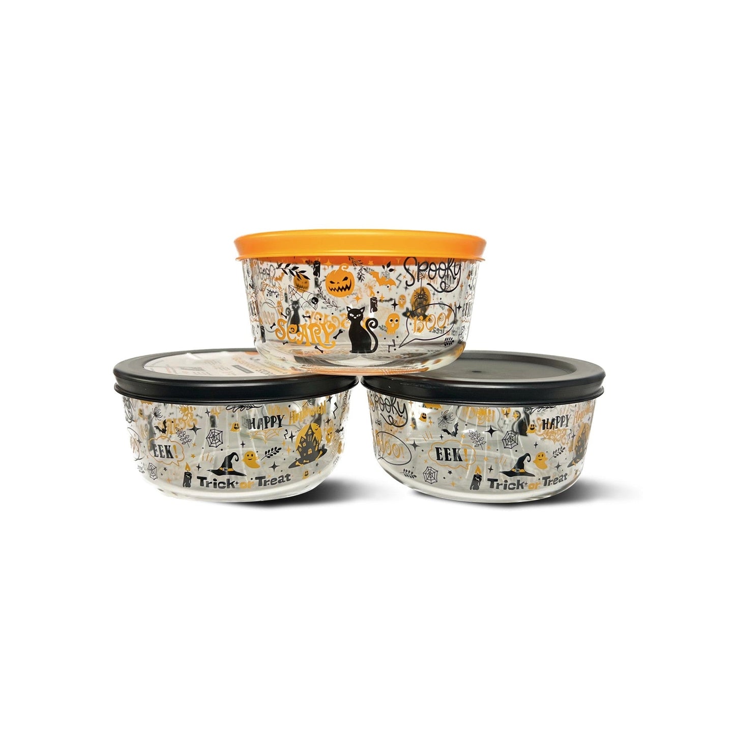 Dura Living Halloween Glass Storage Containers with Lids, 2 Cup Set Set of 6 (3 Containers + 3 Lids)-0