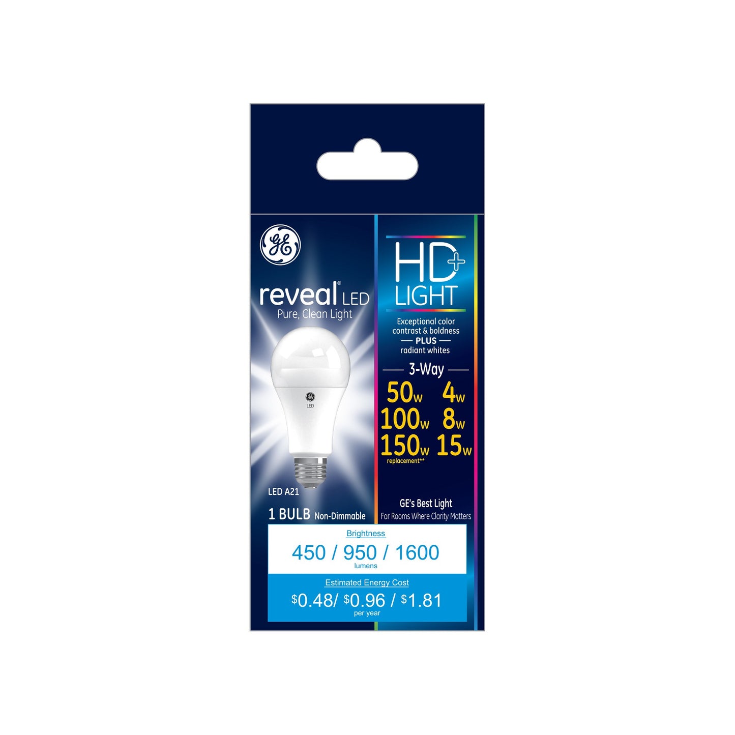 GE Reveal HD+ LED 3-Way Light Bulb, 150W Equivalent, 1600 Lumens