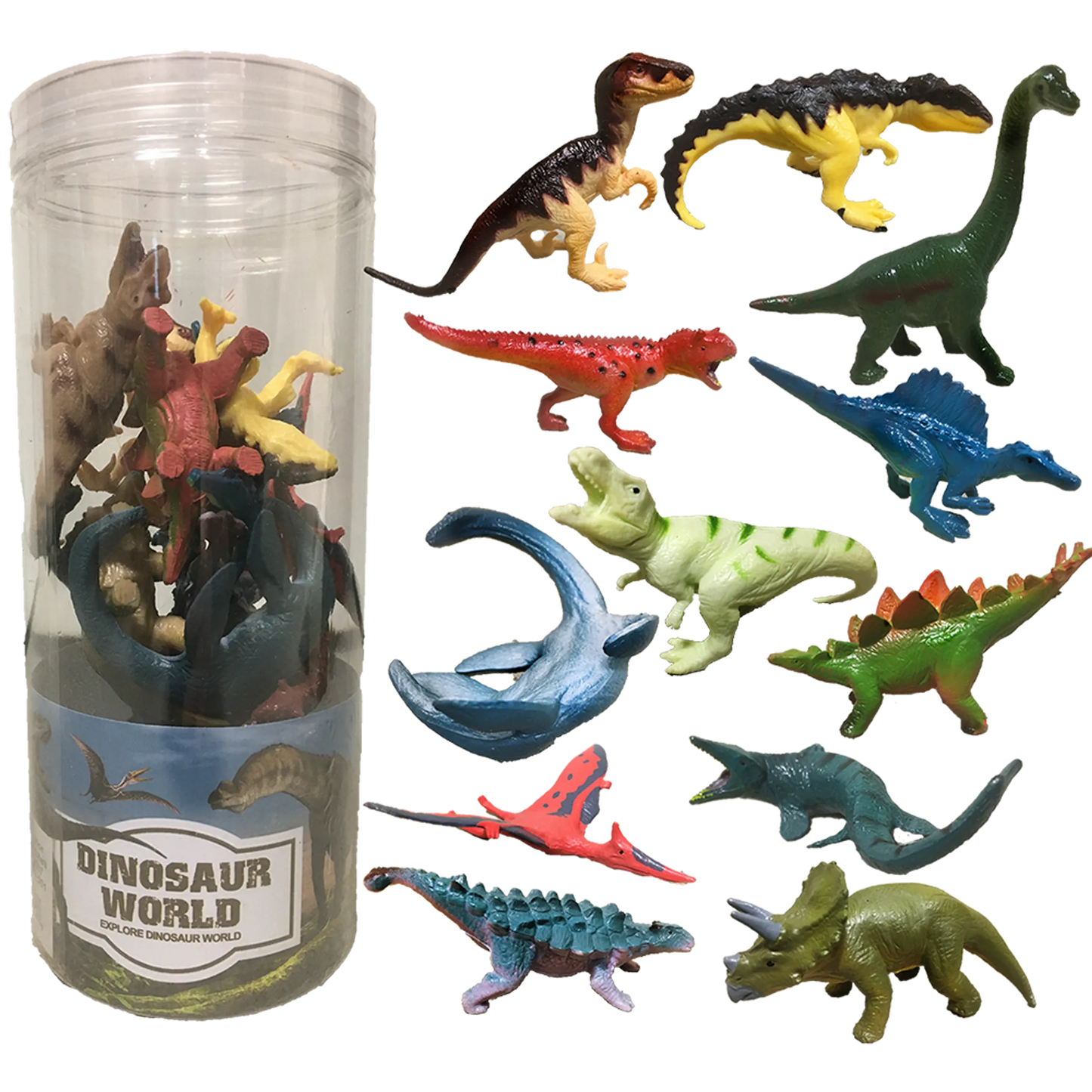 Dinosaur 3" Figurine Assortment in Clear Container, Collect All 12pcs