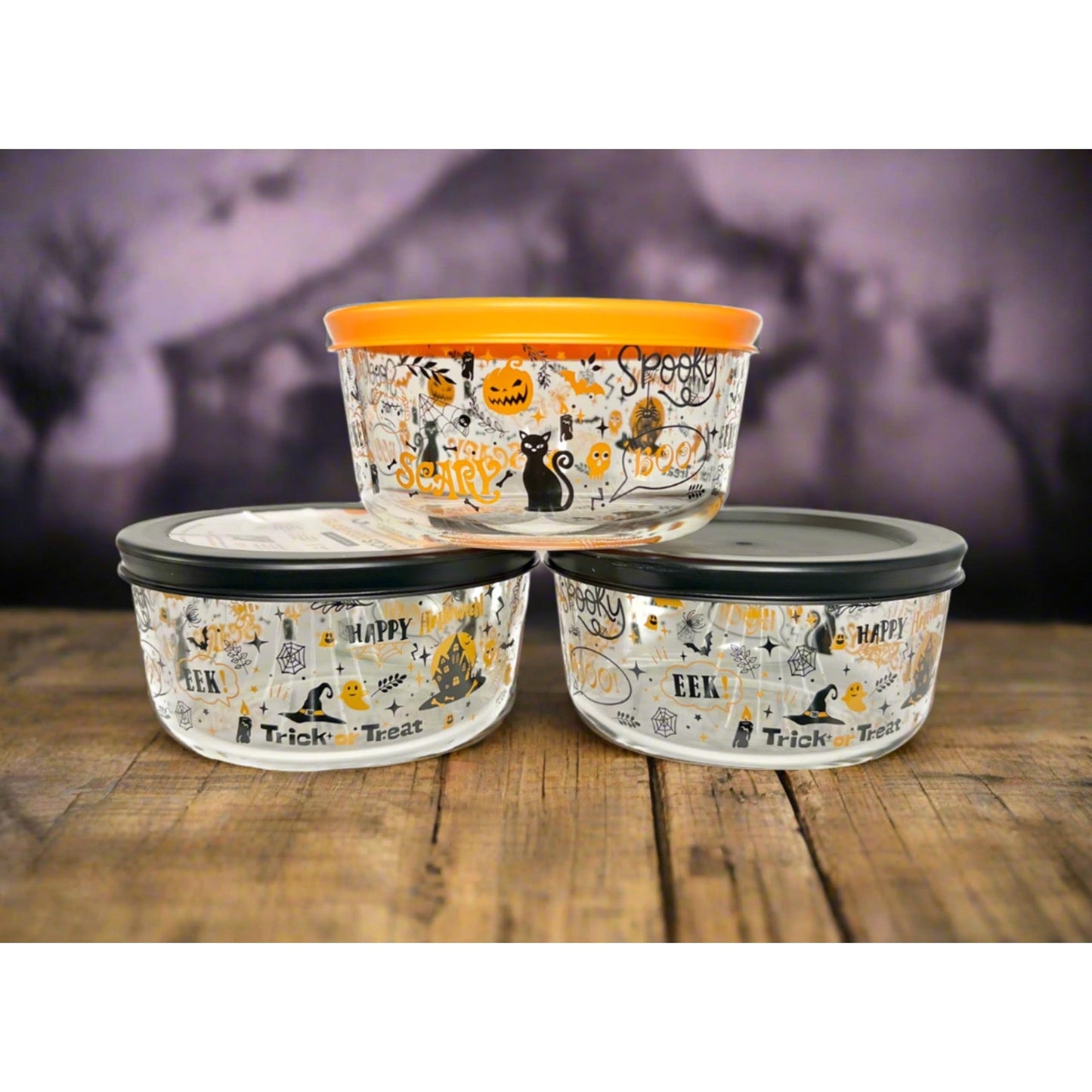 Dura Living Halloween Glass Storage Containers with Lids, 2 Cup Set Set of 6 (3 Containers + 3 Lids)-2