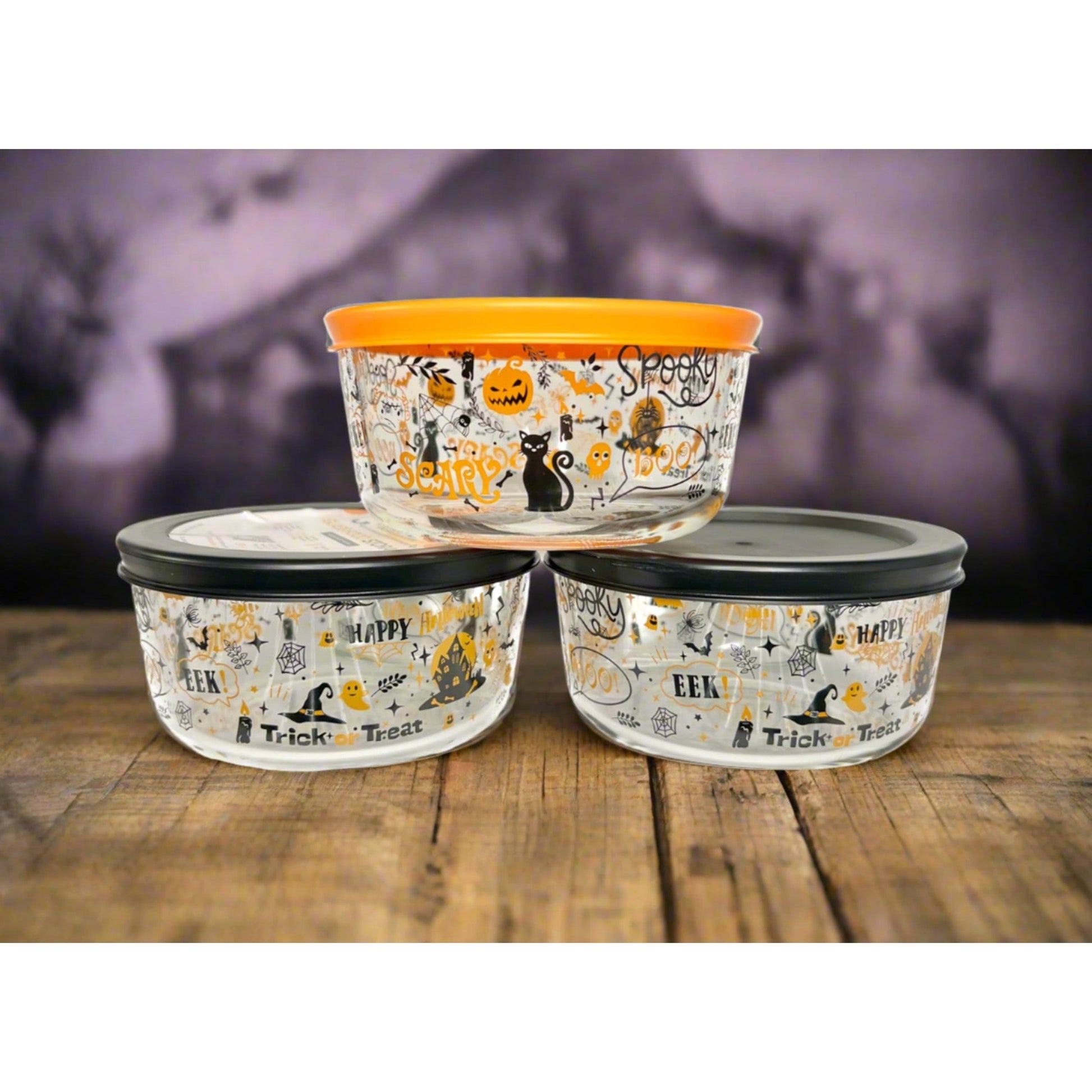 Dura Living Halloween Glass Storage Containers with Lids, 2 Cup Set Set of 6 (3 Containers + 3 Lids)-2
