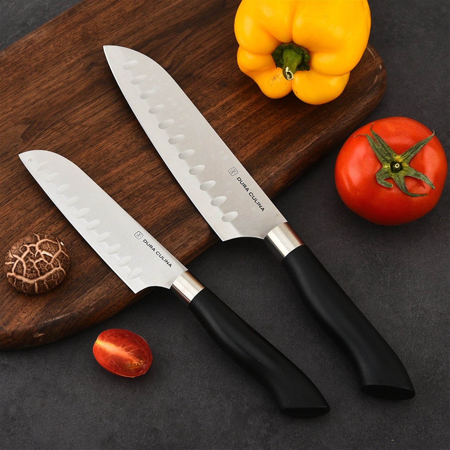 2 Piece Santoku Knife Set with Matching Blade Guards, Black-1