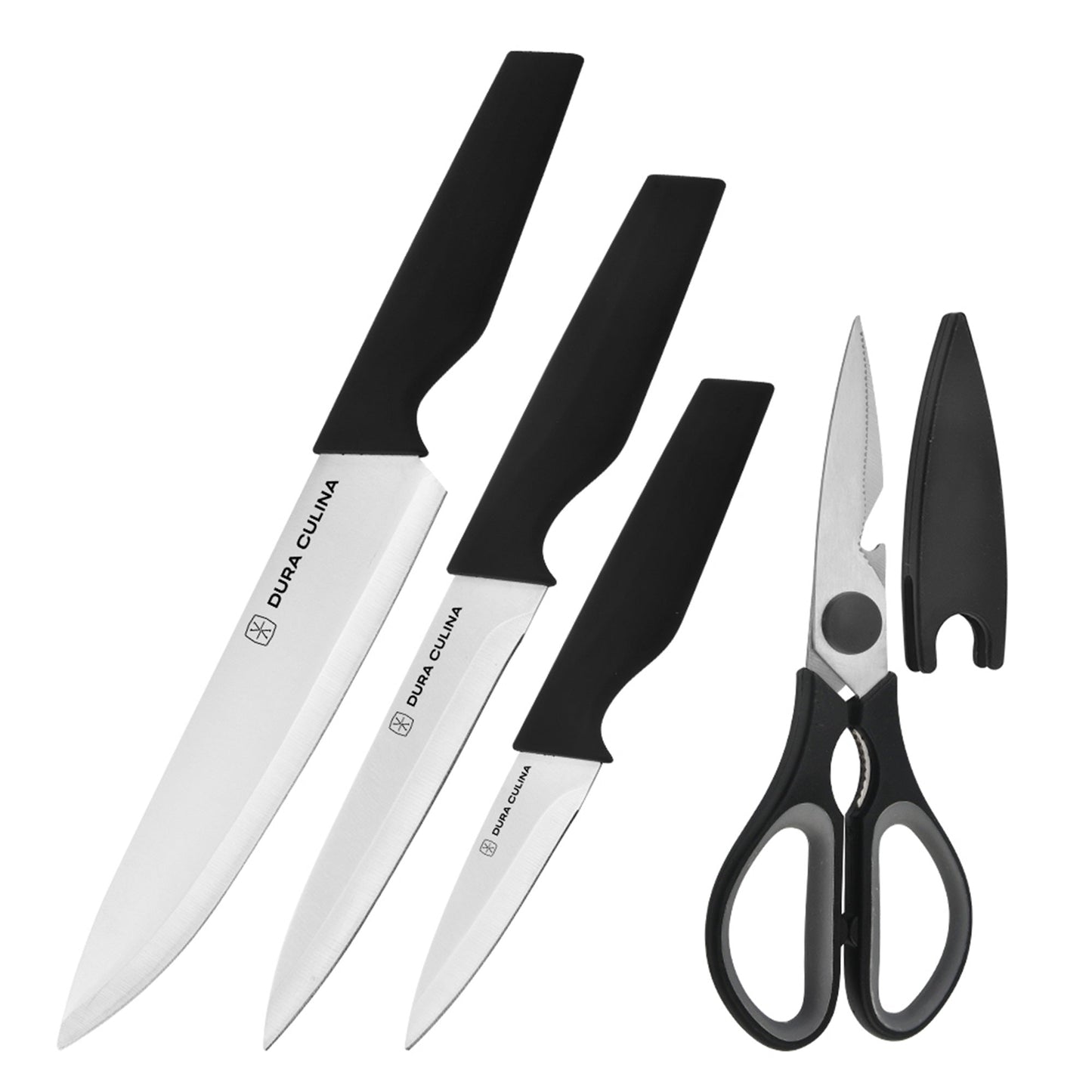 4-Piece Knife Set - High Carbon Stainless Steel Kitchen Knives with Ergonomic Handles, Matching Blade Guards, Multi-Purpose Shears-0