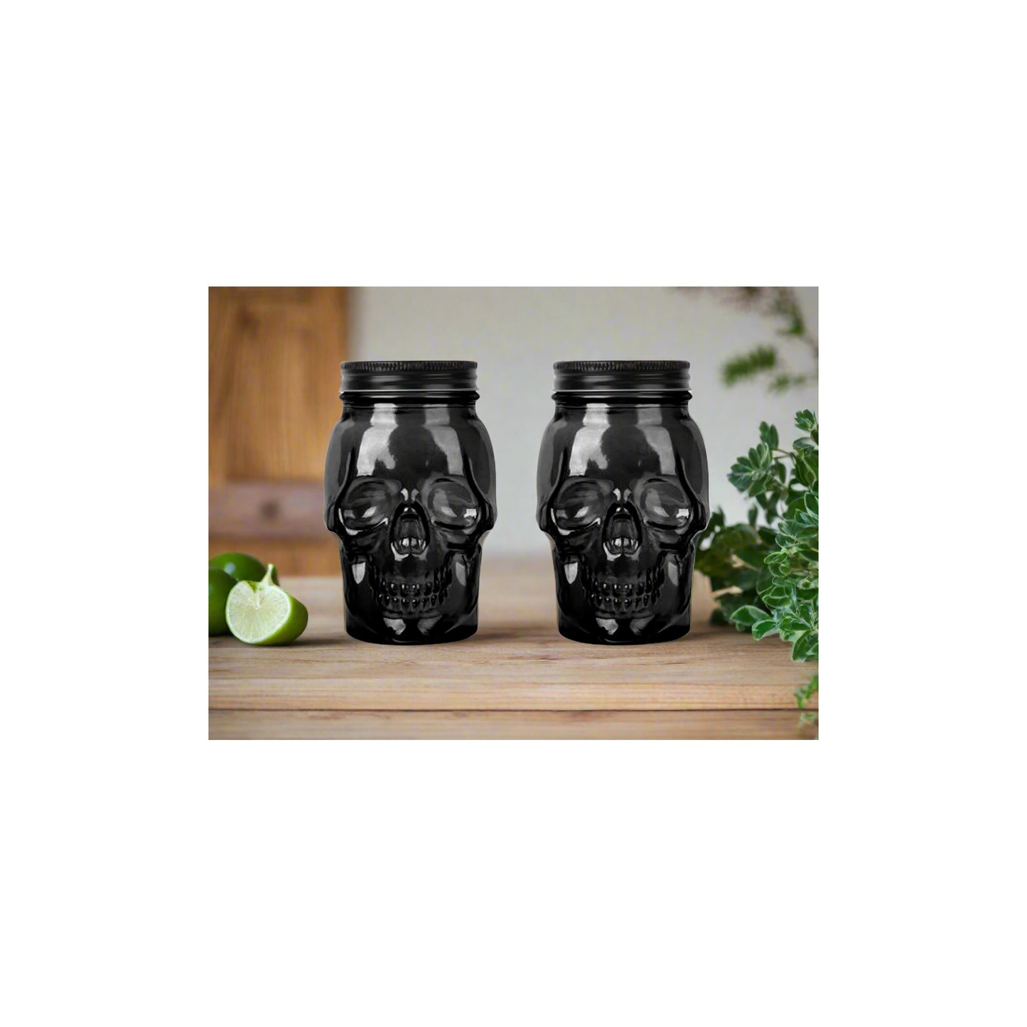 Skull Mason Jar with Lid, 4-Piece Set (2 skull Mason Jars & 2 Lids) 16oz, Black-2