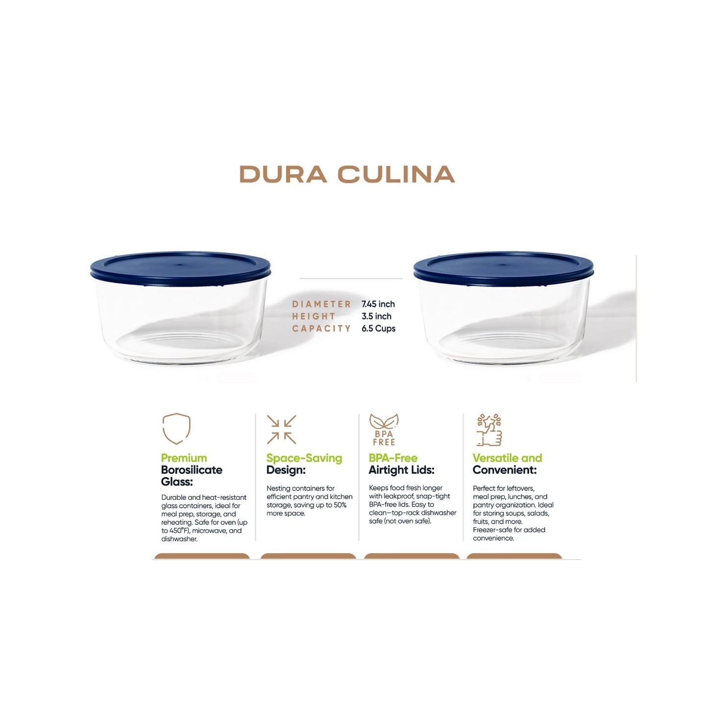 4 Piece Set (6.55 Cup / 52.4Oz) Round Glass Storage Containers With Lids, Blue-2