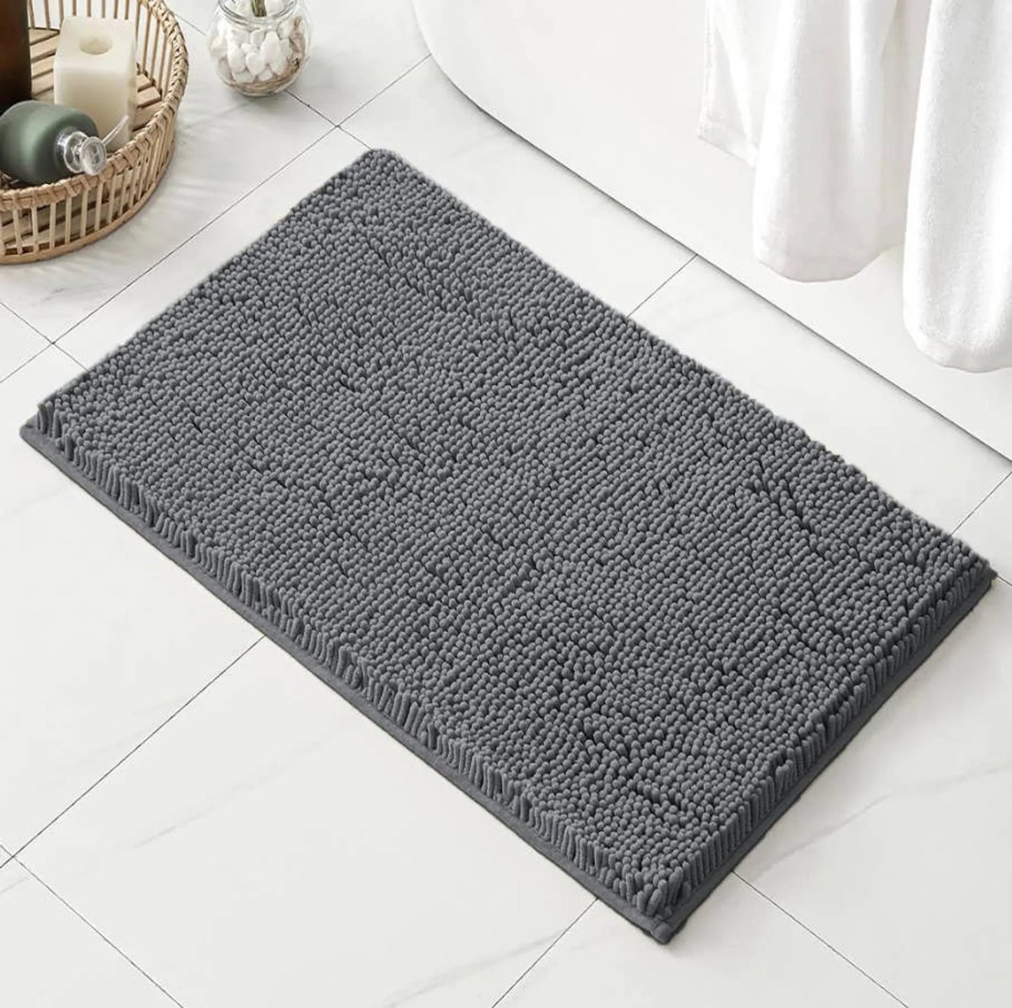 White 2 Piece Striped Fake Fur Rabbit Bathroom Bath Mat