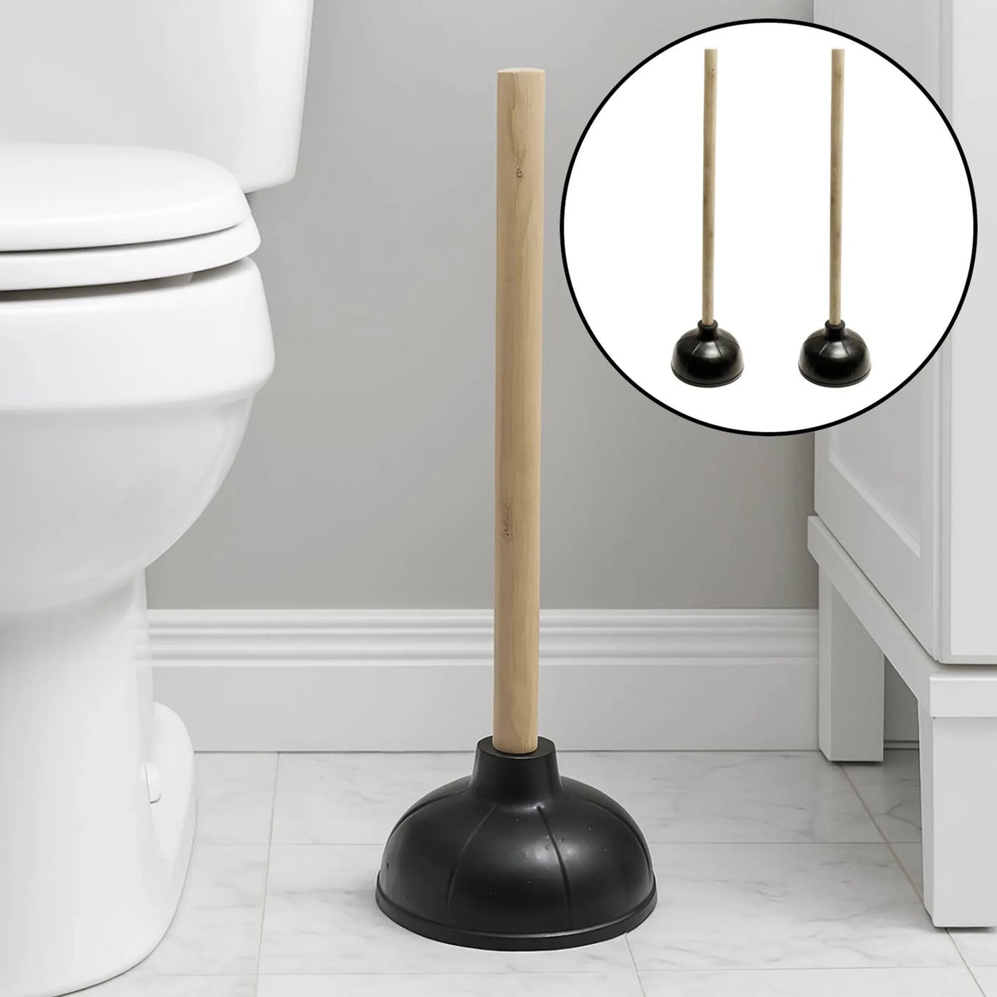 Heavy Duty Toilet & Sink Bathroom Plunger with Wooden Handle