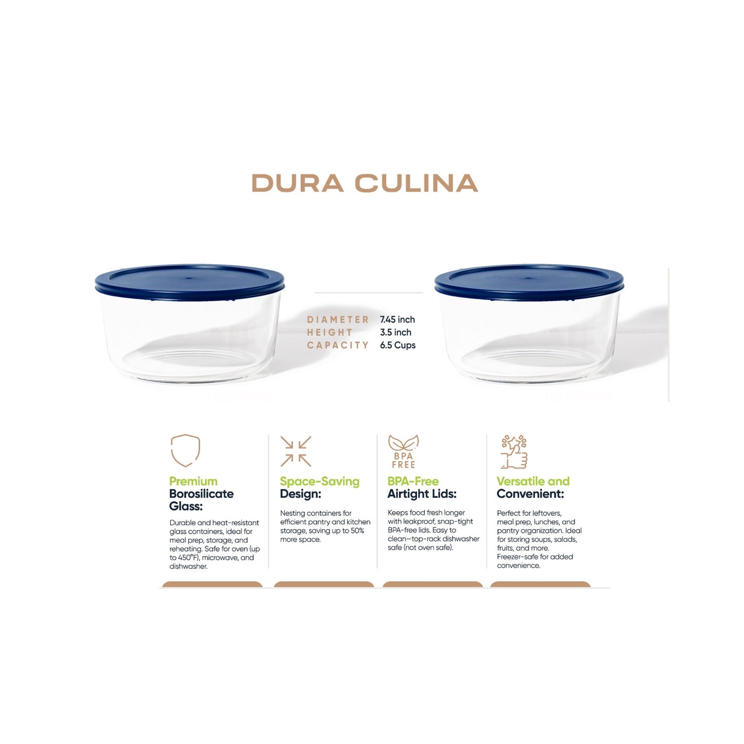 4 Piece Set (6.55 Cup / 52.4Oz) Round Glass Storage Containers With Lids, Blue-4