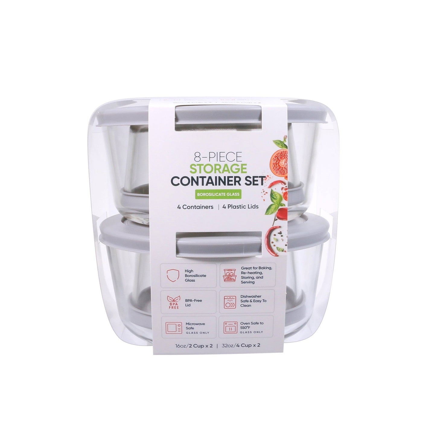 8 Piece Set (2 X 2 Cup / 16Oz & 2 X 4 Cup / 32Oz) Round Glass Storage Containers With Lids, Grey-0