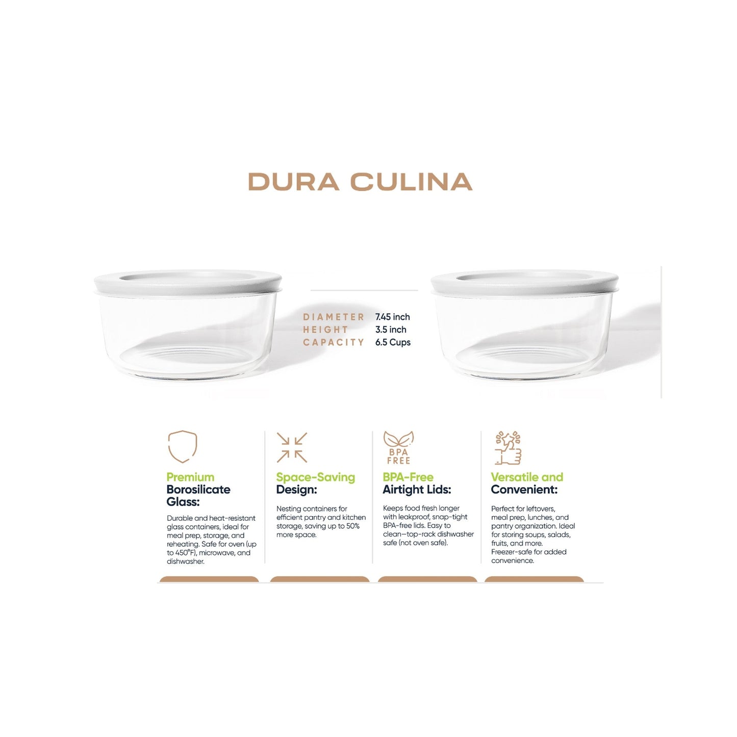 8 Piece Set (6.55 Cup / 52.4Oz) Round Glass Storage Containers With Lids, White