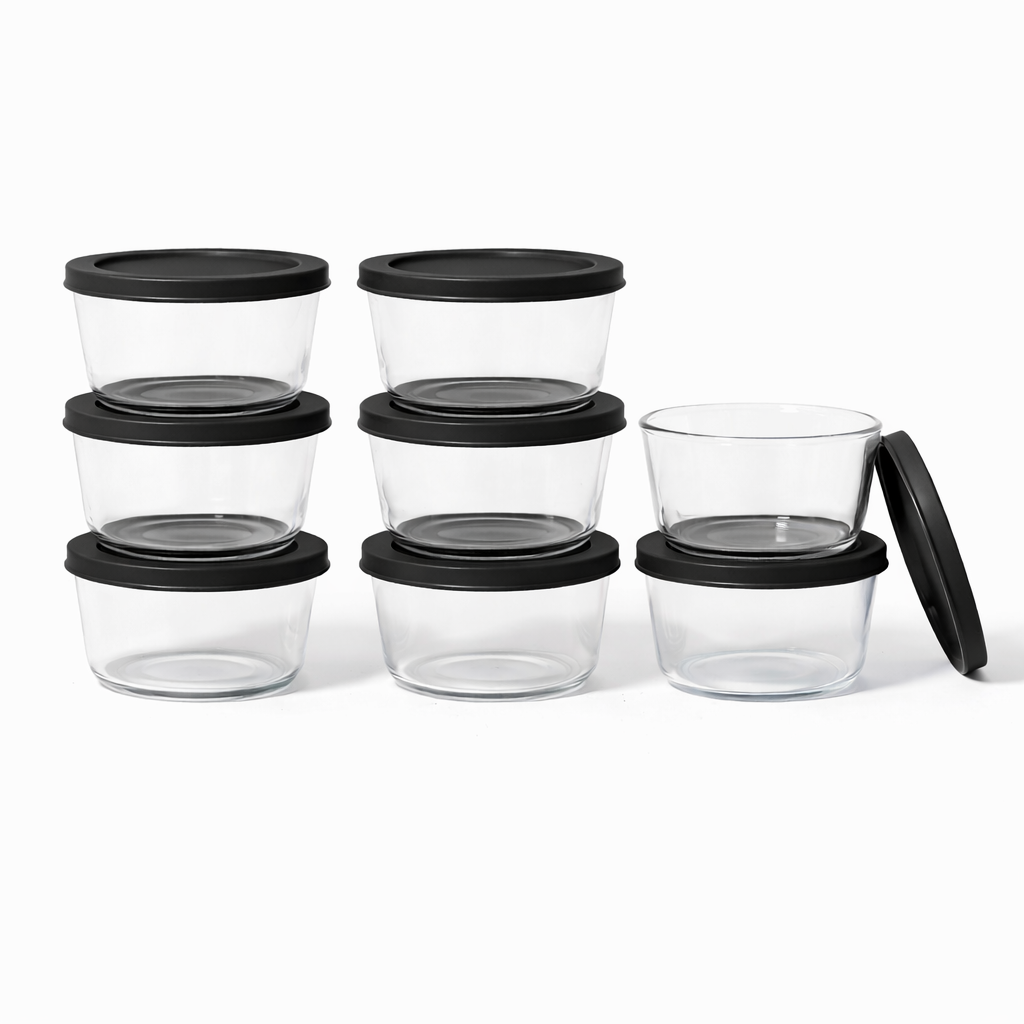 16 Piece Set (1 Cup / 8Oz)  Round Glass Storage Containers With Lids, Black-0