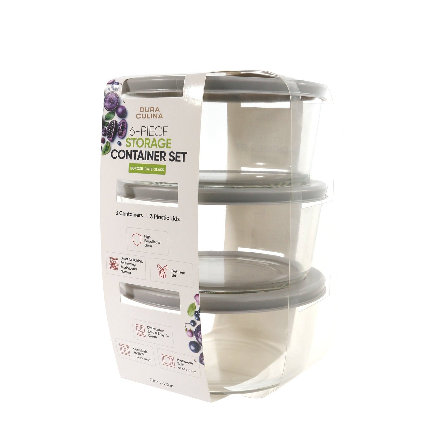 6 Piece Set (4 Cup / 32Oz) Round Glass Storage Containers With Lids, Grey-0