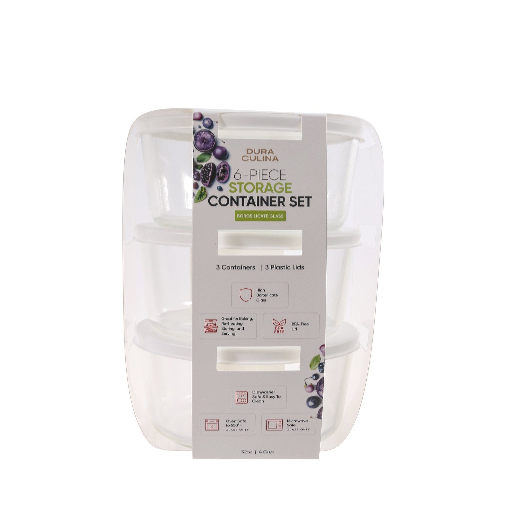 6 Piece Set (2 Cup / 16Oz) Round Glass Storage Containers With Lids, White-0