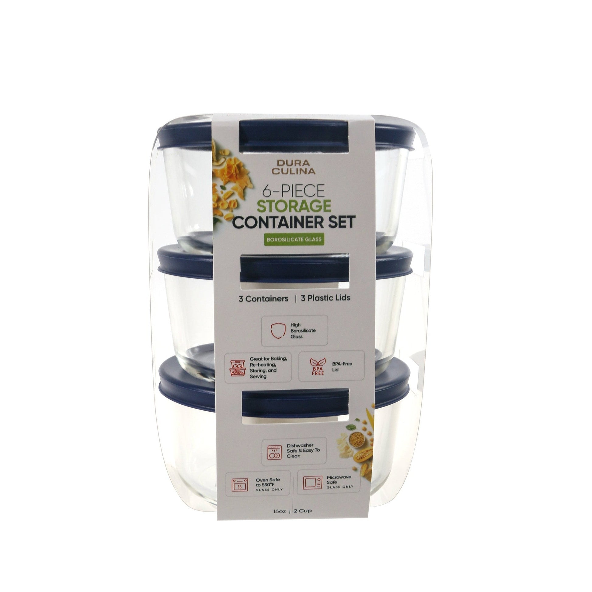 6 Piece Set (2 Cup / 16Oz) Round Glass Storage Containers With Lids, Blue-0