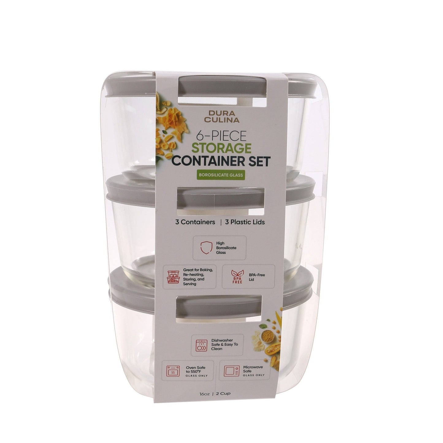6 Piece Set (2 Cup / 16Oz) Round Glass Storage Containers With Lids, Grey-0