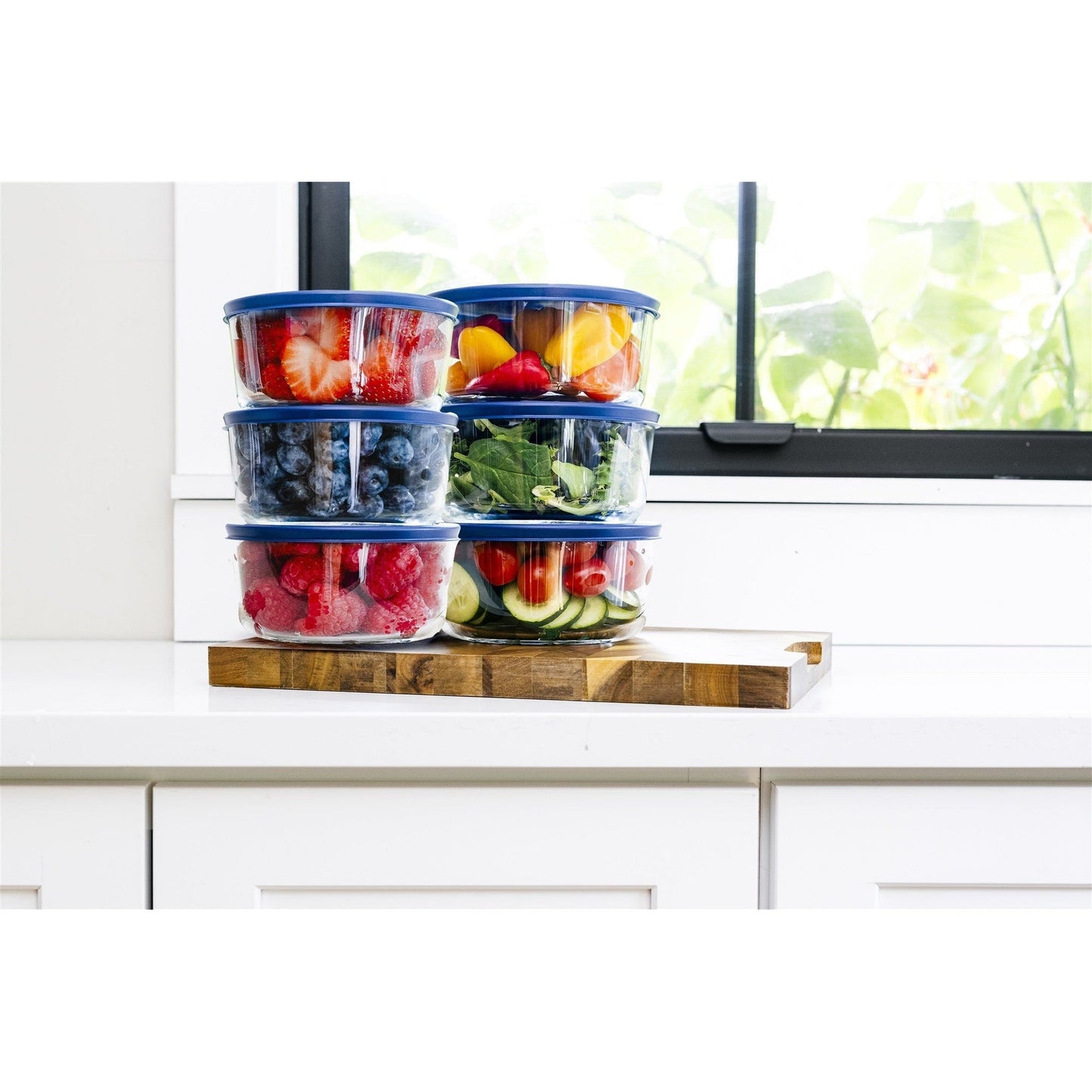 12 Piece Set (2 Cup / 16Oz) Round Glass Storage Containers With Lids, Blue-1