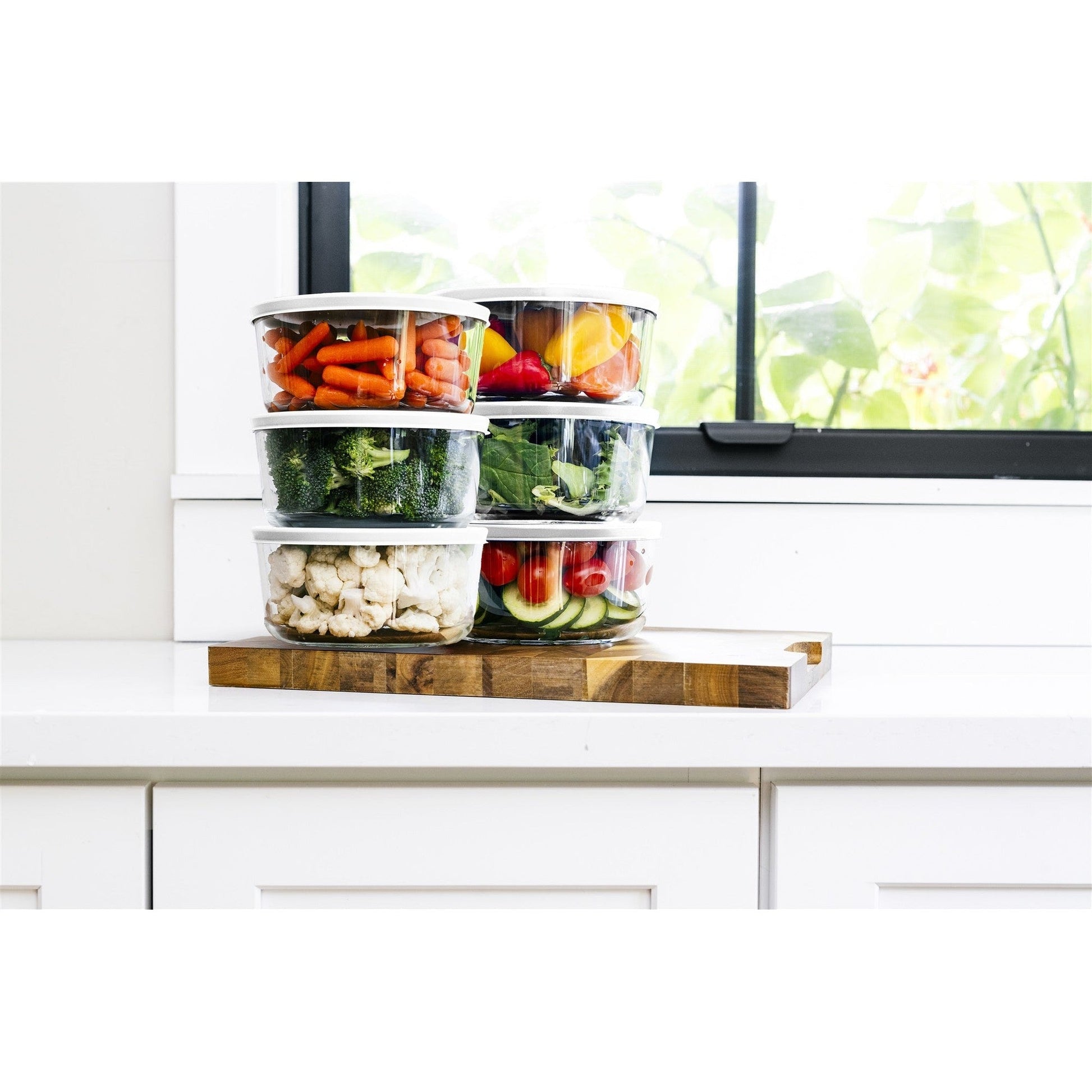 12 Piece Set (4 Cup / 32Oz) Round Glass Storage Containers With Lids, White-1