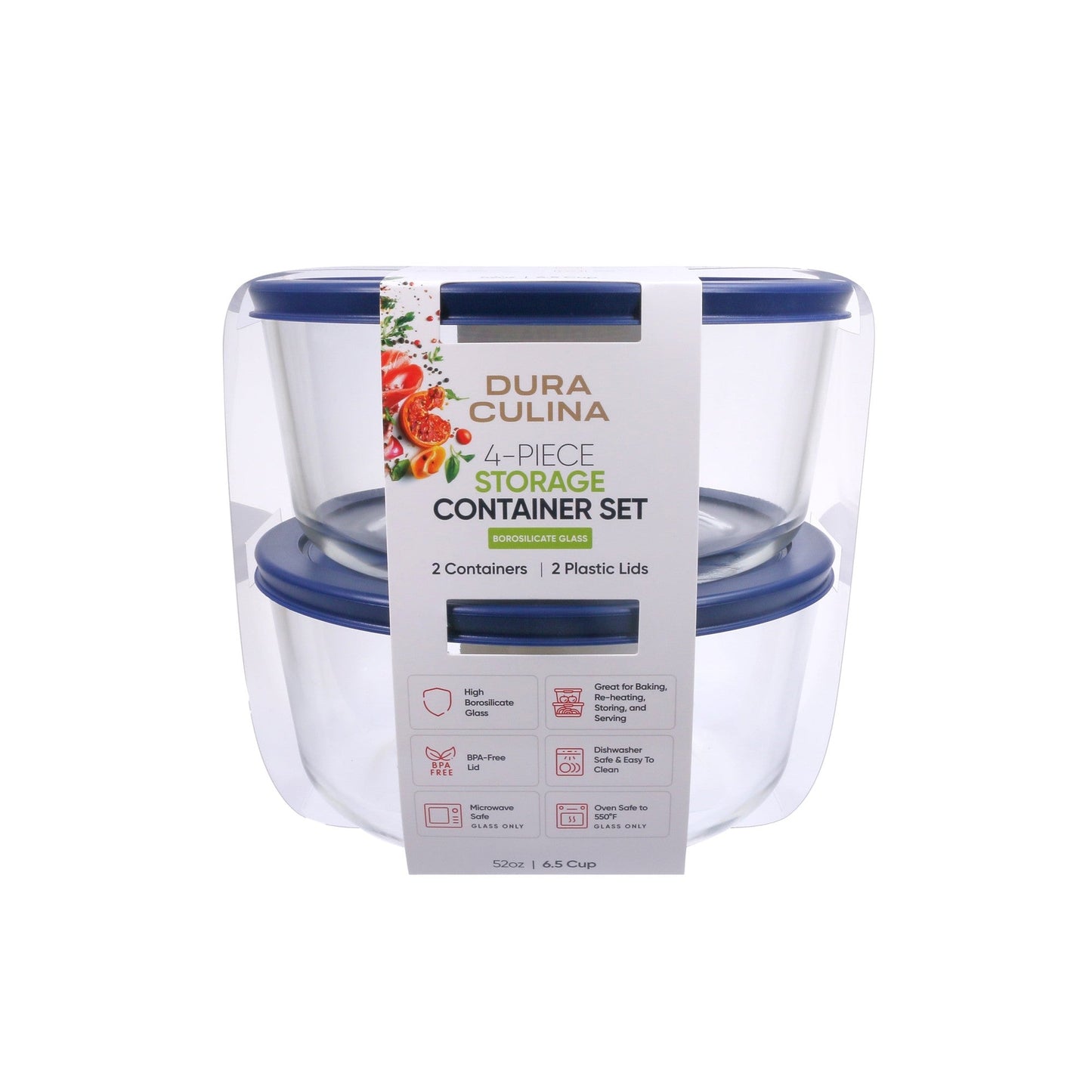 4 Piece Set (6.55 Cup / 52.4Oz) Round Glass Storage Containers With Lids, Blue-1