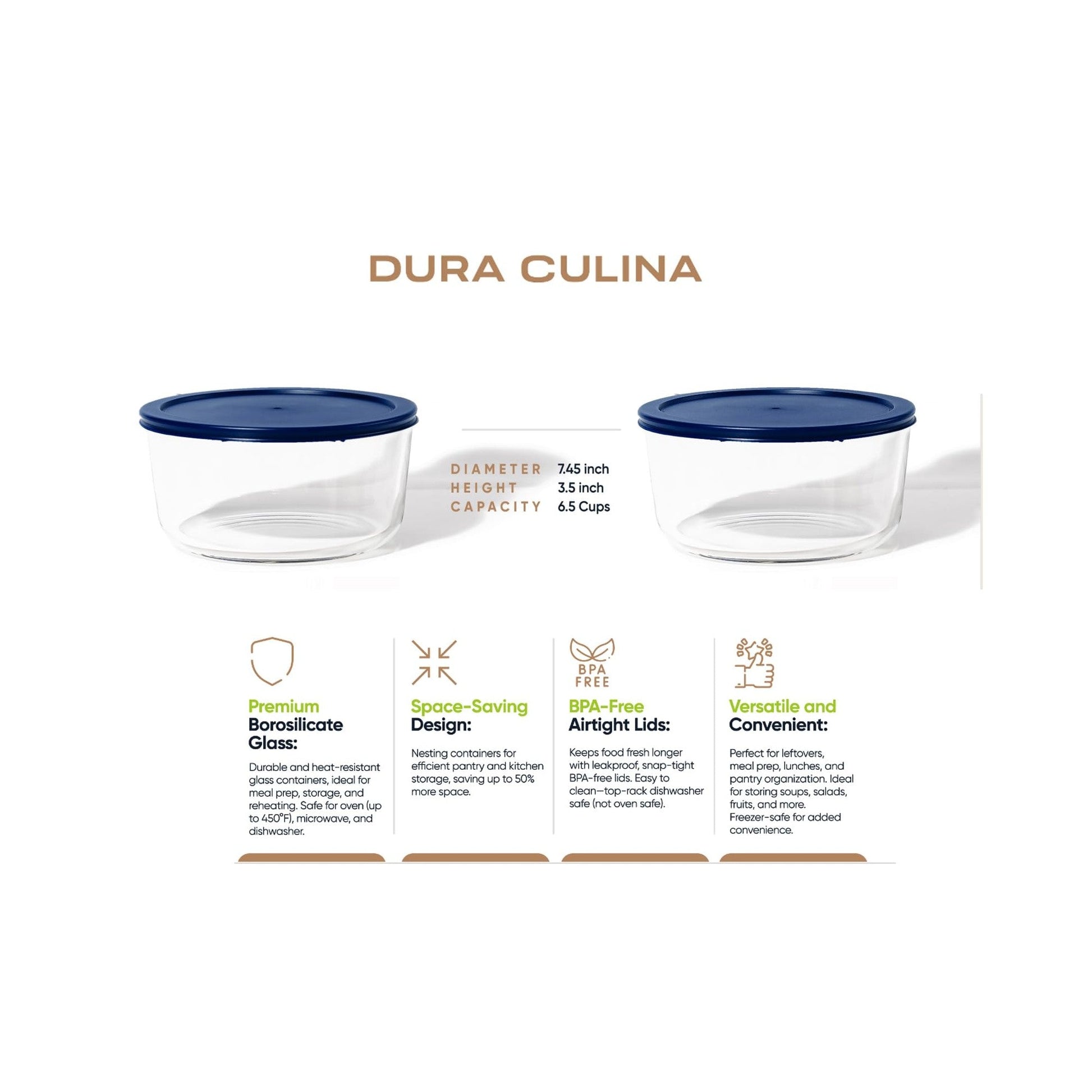 4 Piece Set (6.55 Cup / 52.4Oz) Round Glass Storage Containers With Lids, Blue-1