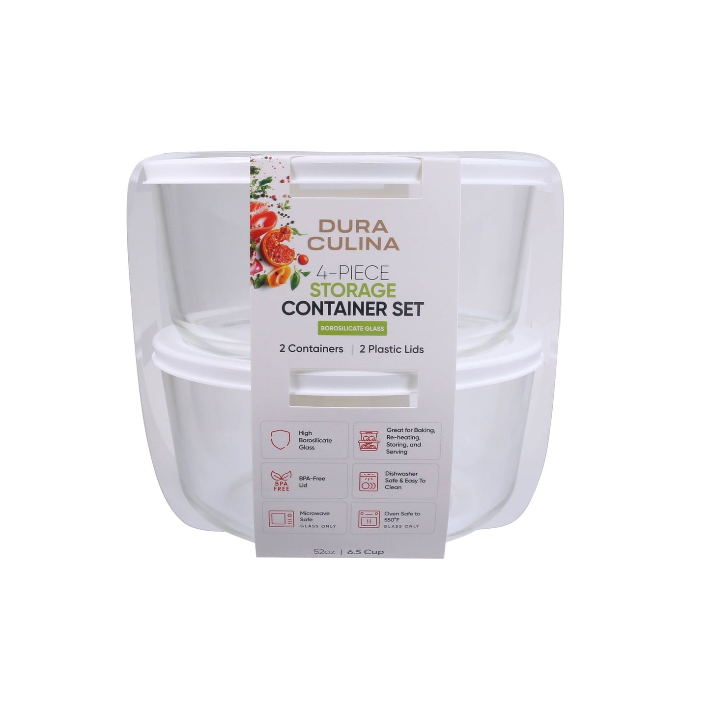 4 Piece Set (6.55 Cup / 52.4Oz) Round Glass Storage Containers With Lids, White-1