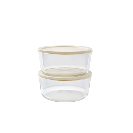4 Piece Set (6.55 Cup / 52.4Oz) Round Glass Storage Containers With Lids, Warm Beige